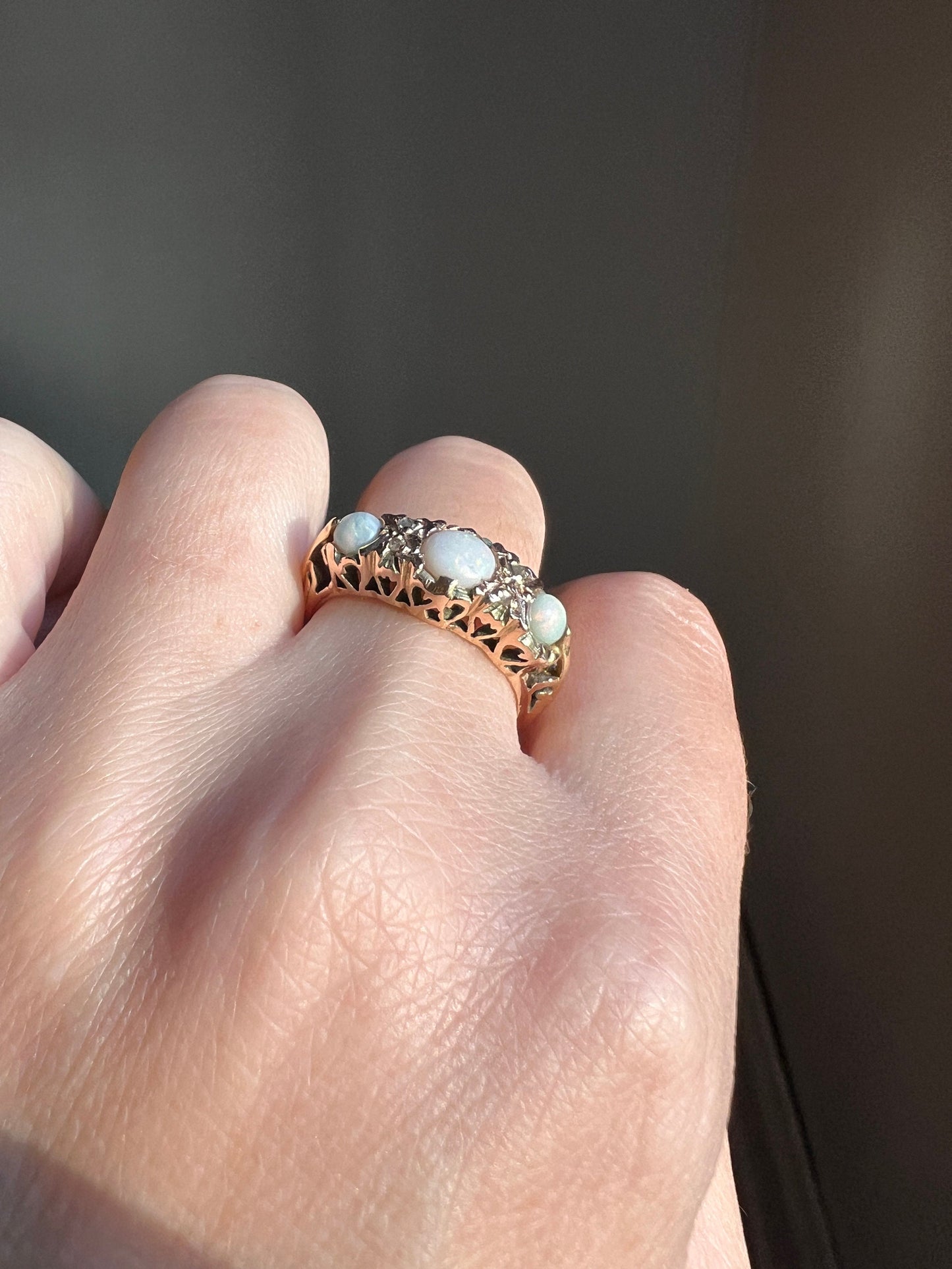 OPAL Antique EDWARDIAN Trilogy Ring Wide Band 18k Gold Rose Cut DIAMOND Spacer Tall Ornate Stacker Romantic Gift Chunky Iridescent Blue 1905