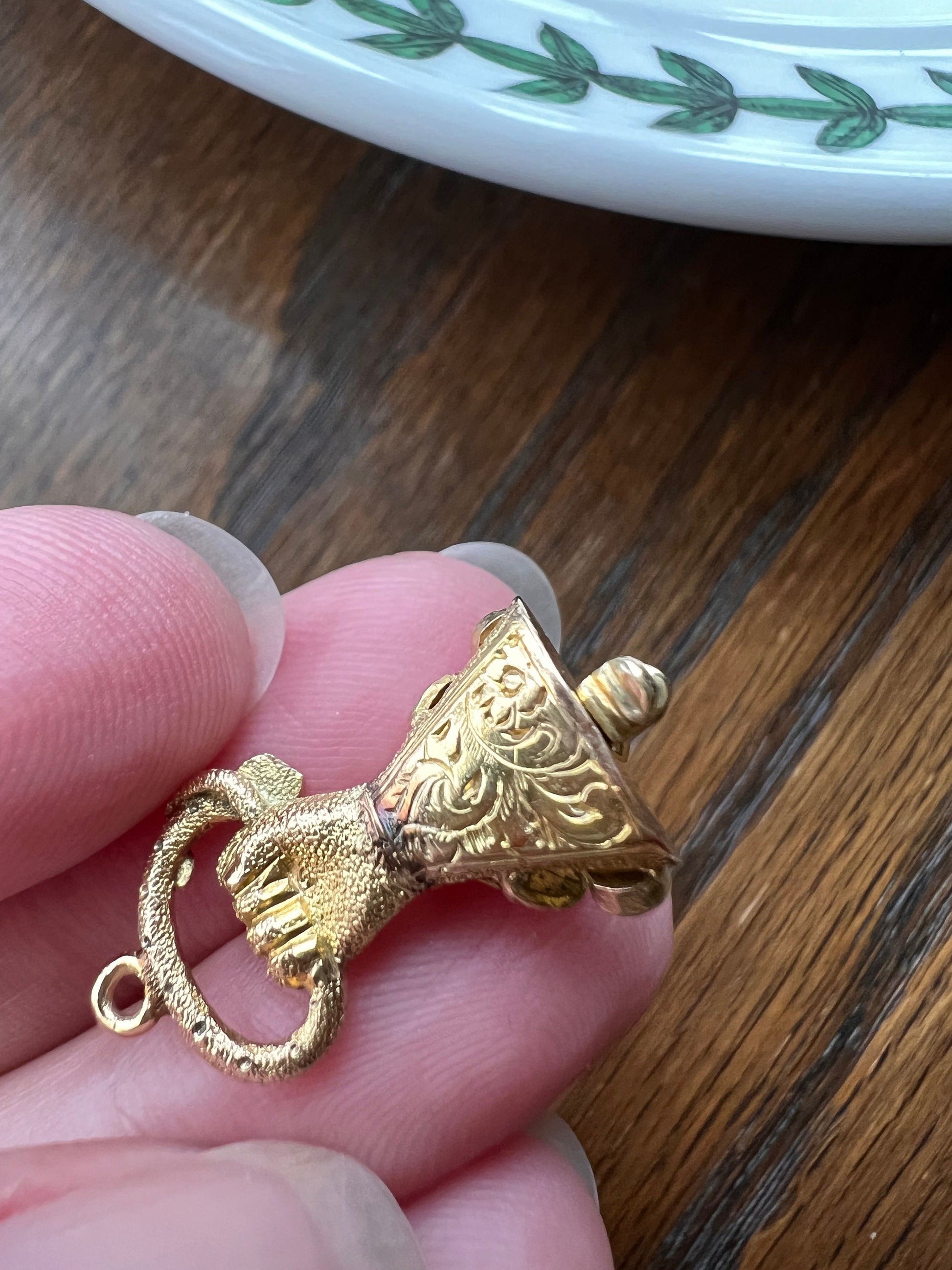 HAND Holding SNAKE Gemset CLASP Victorian Pendant 14k Gold Figural Floral Cuff Wearing Diamond Ring Turquoise Bead Romantic Gift 3D Detail
