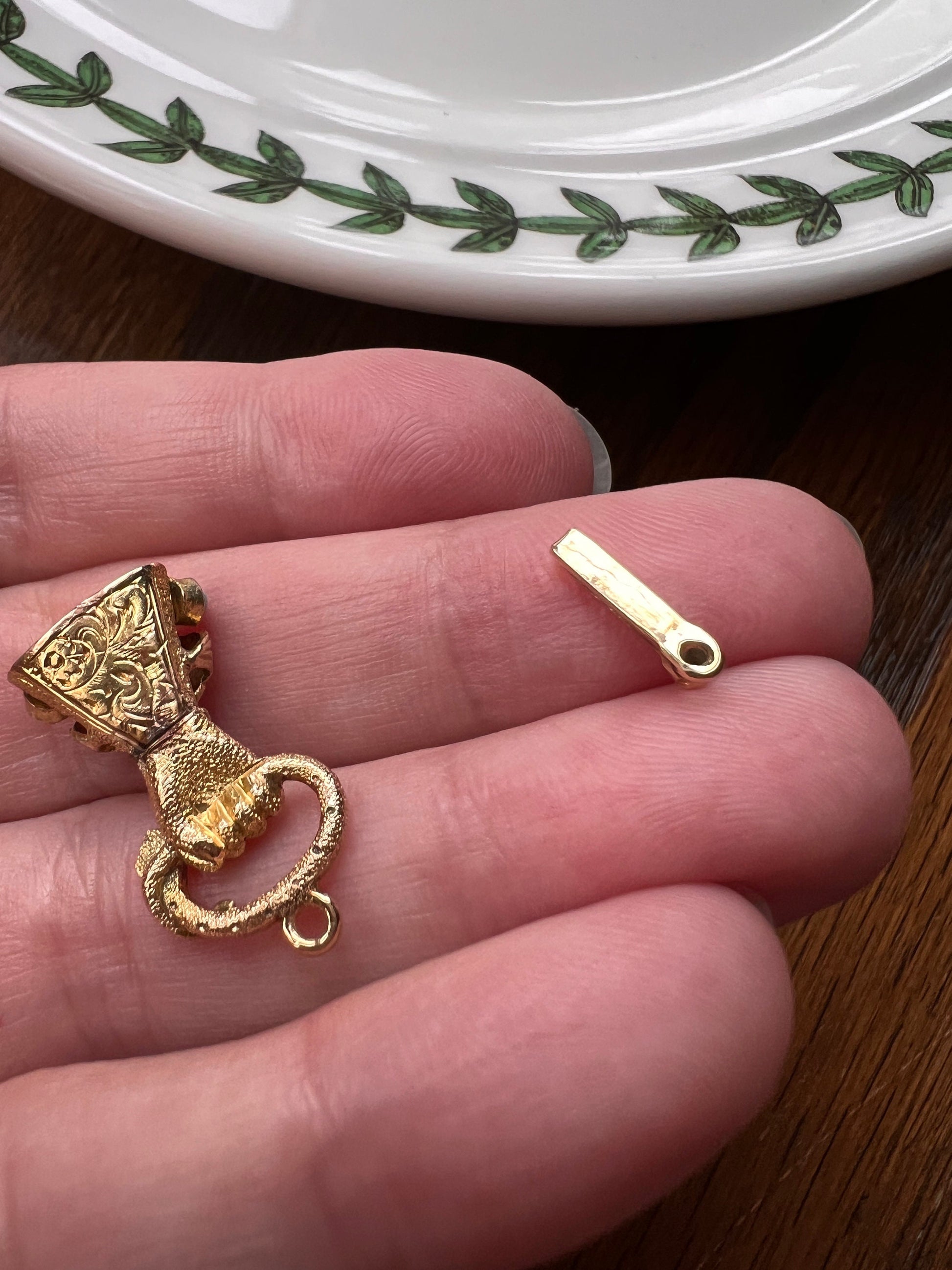 HAND Holding SNAKE Gemset CLASP Victorian Pendant 14k Gold Figural Floral Cuff Wearing Diamond Ring Turquoise Bead Romantic Gift 3D Detail