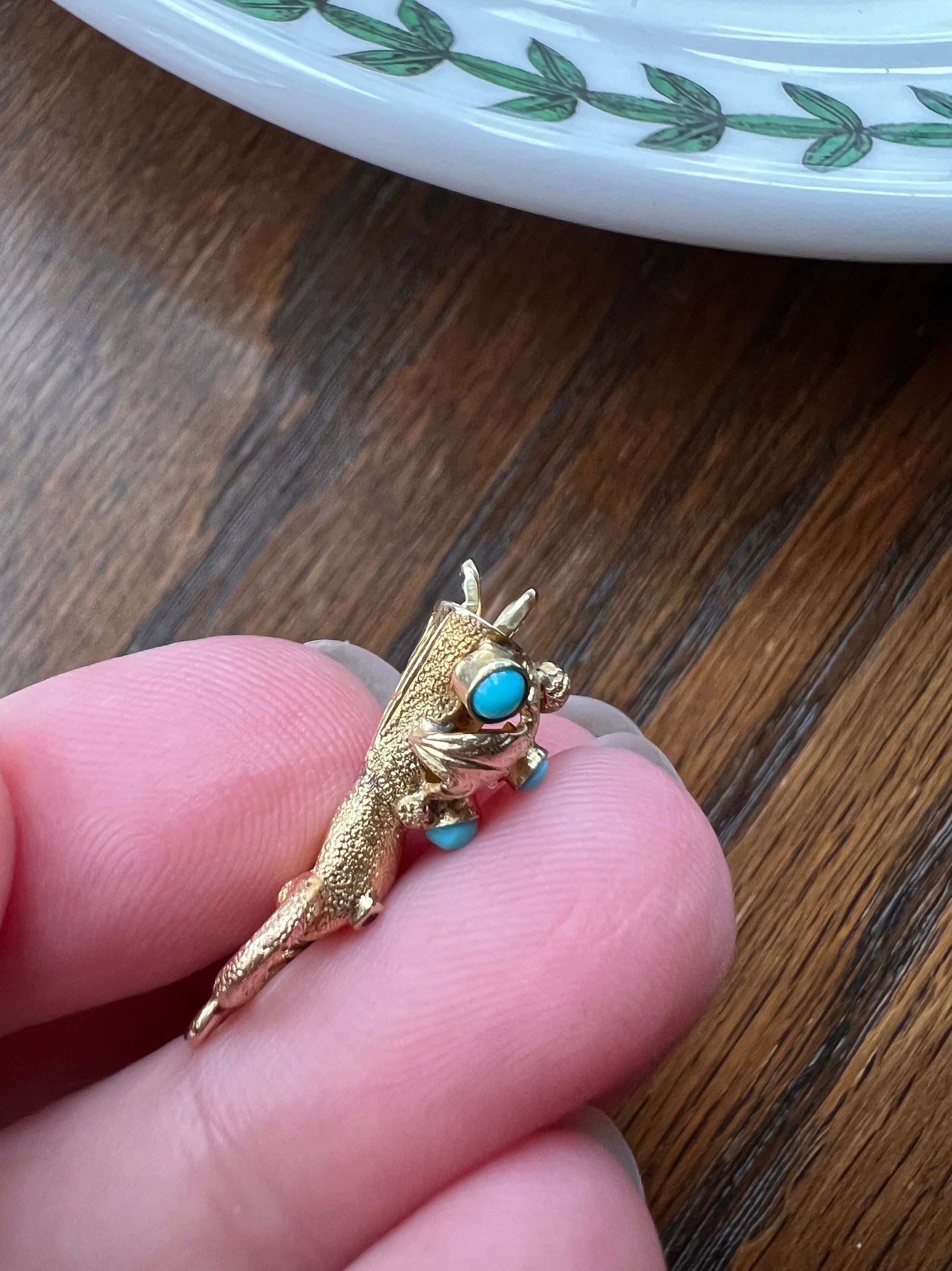 HAND Holding SNAKE Gemset CLASP Victorian Pendant 14k Gold Figural Floral Cuff Wearing Diamond Ring Turquoise Bead Romantic Gift 3D Detail