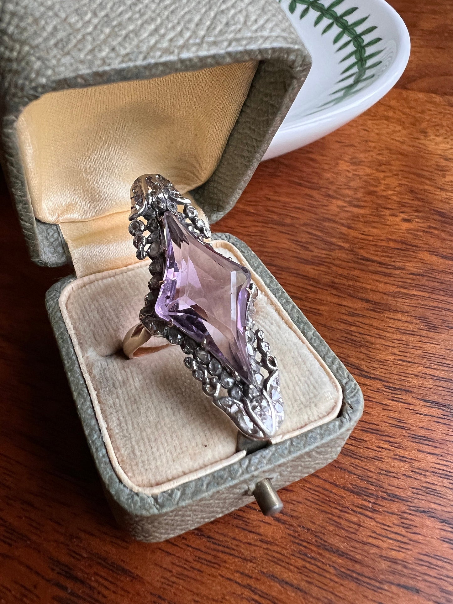 One of a Kind LARGE Flared Cut AMETHYST 62 Rose Cut DIAMONDS French Antique Ring Tulip Floral Garland 18k Rose Gold Silver Victorian Rare