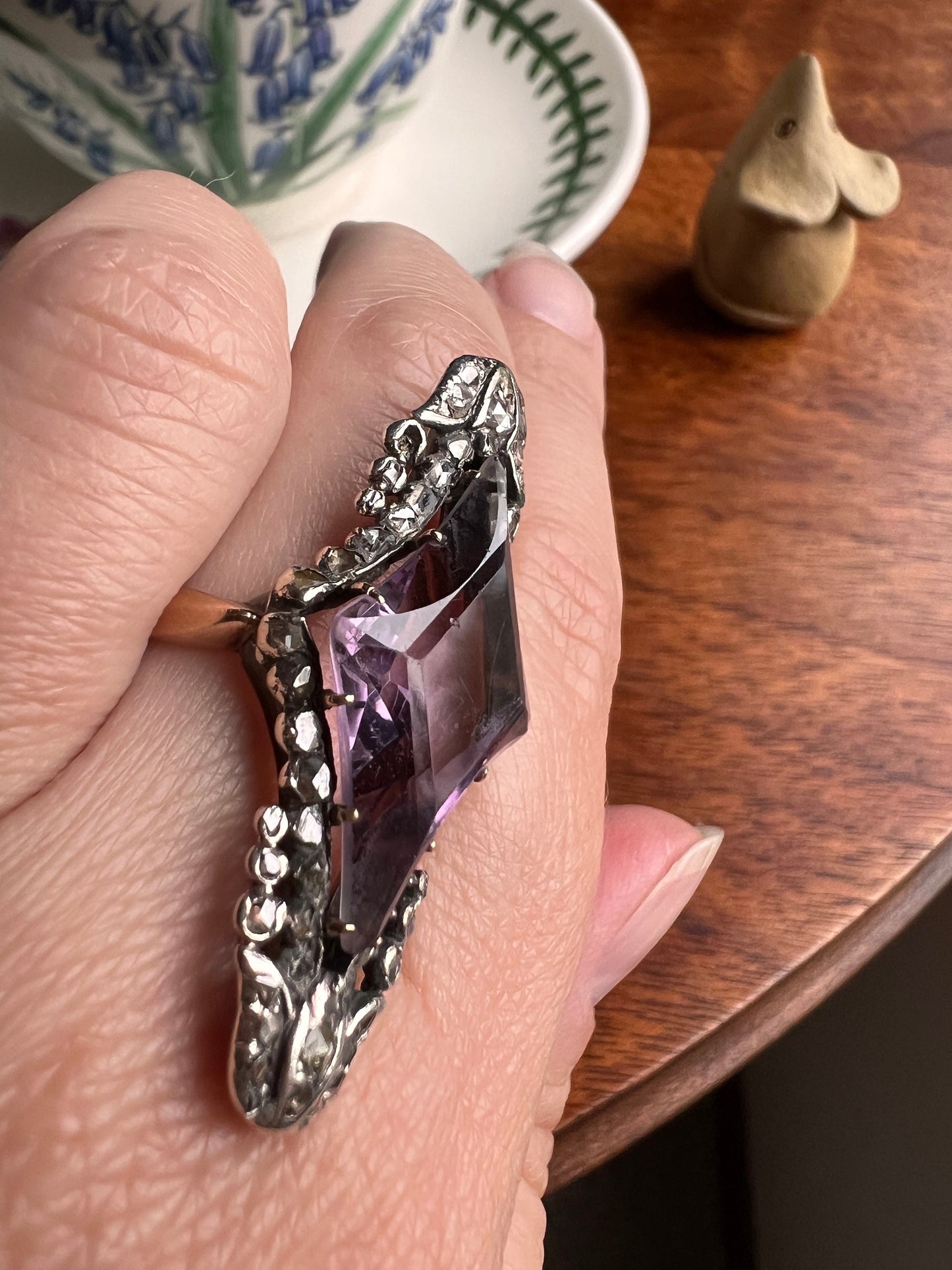 One of a Kind LARGE Flared Cut AMETHYST 62 Rose Cut DIAMONDS French Antique Ring Tulip Floral Garland 18k Rose Gold Silver Victorian Rare