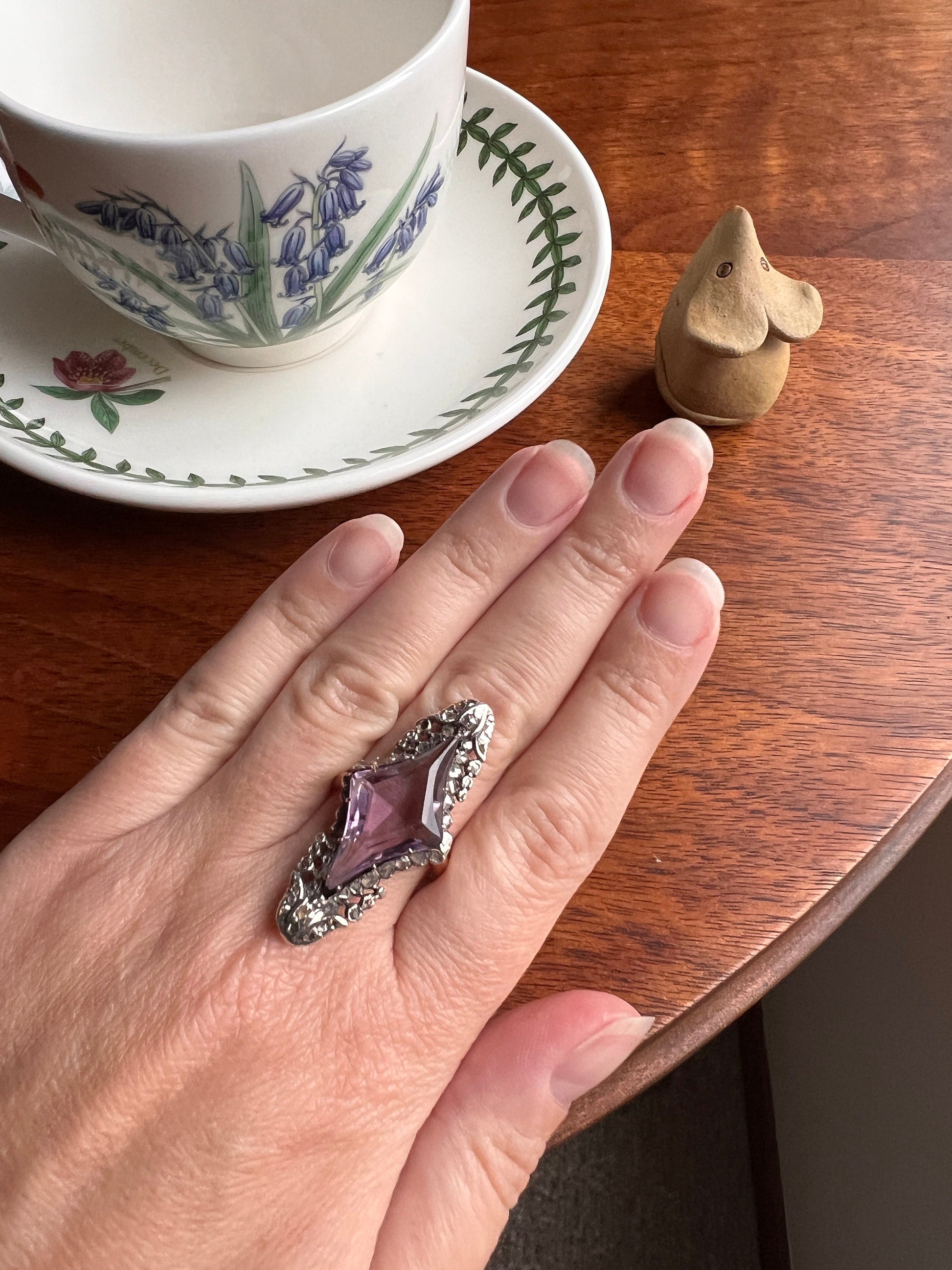One of a Kind LARGE Flared Cut AMETHYST 62 Rose Cut DIAMONDS French Antique Ring Tulip Floral Garland 18k Rose Gold Silver Victorian Rare