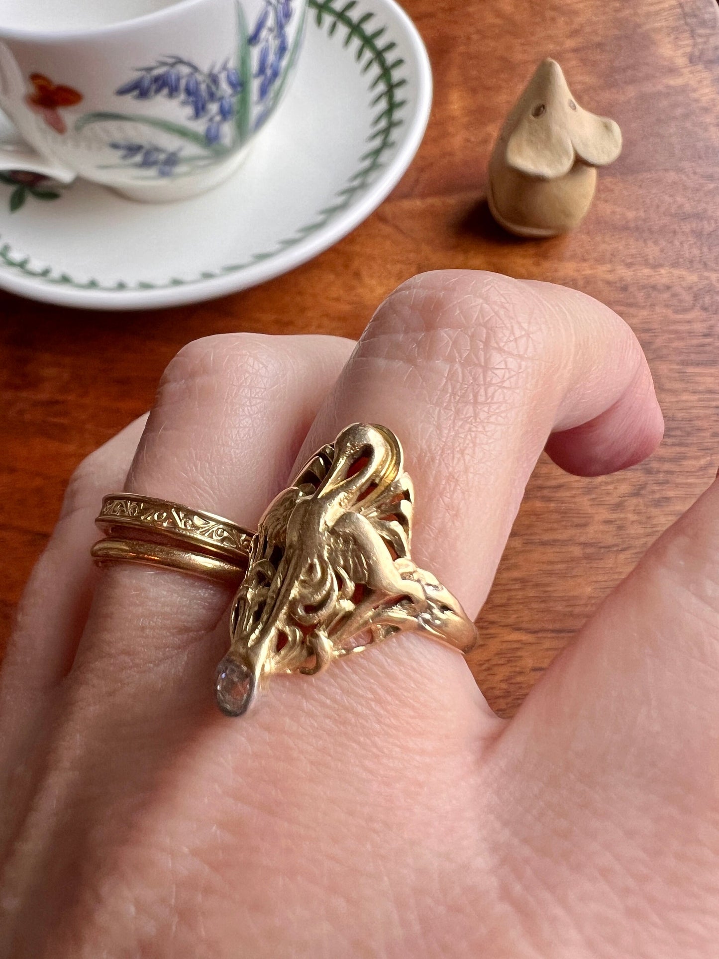 SWAN French ANTIQUE Special Art Nouveau Old Mine Cut DIAMOND 18k Gold Platinum Ring Loyalty Strength Figural Animal Romantic Gift Lifelike
