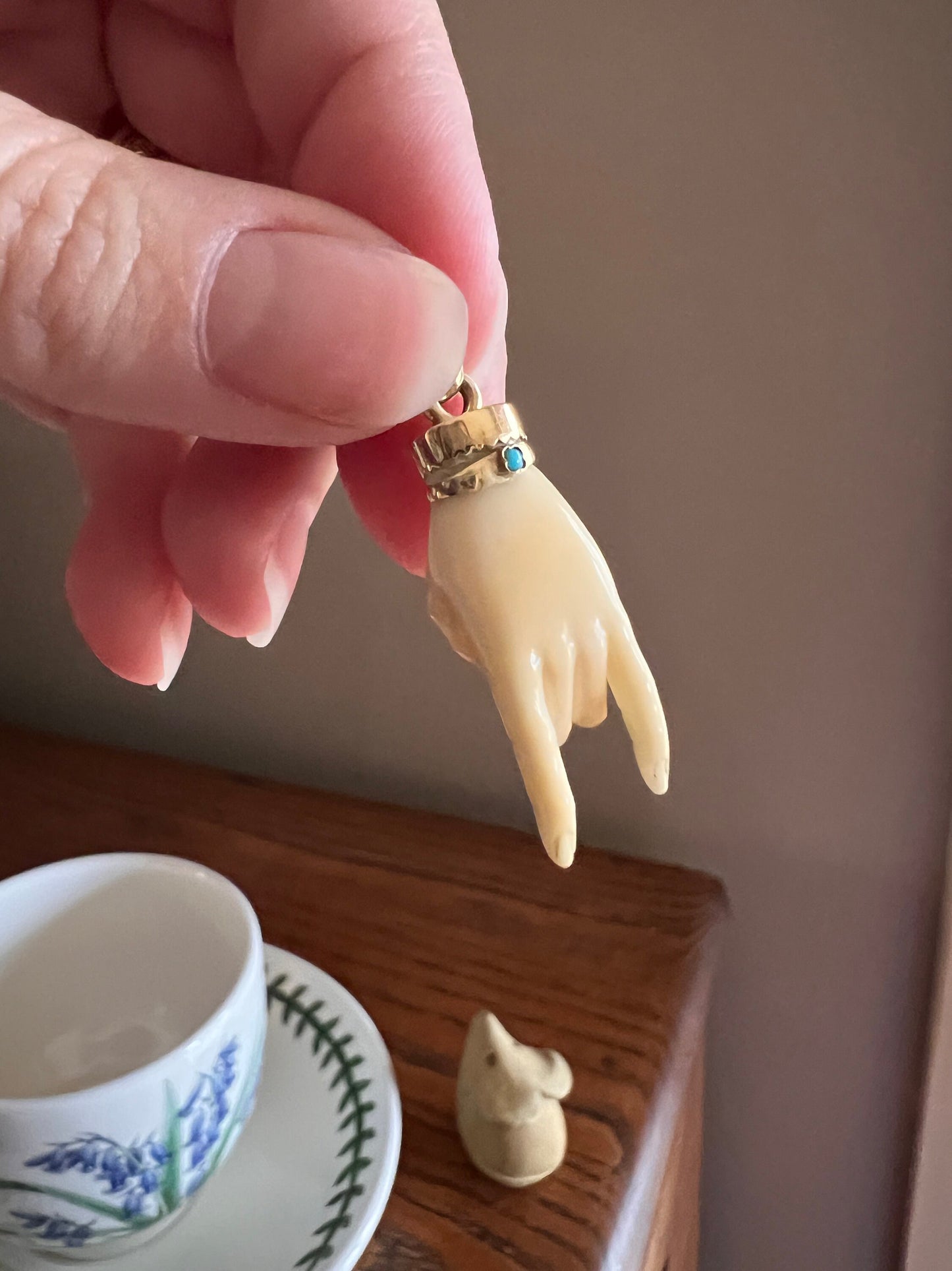 XL ANTIQUE 14k Gold Carved White Mano Cornuto Figa Hand Pendant Turquoise Bangle Figural Rock On Symbol Fist Amulet Gift Neckmess Victorian