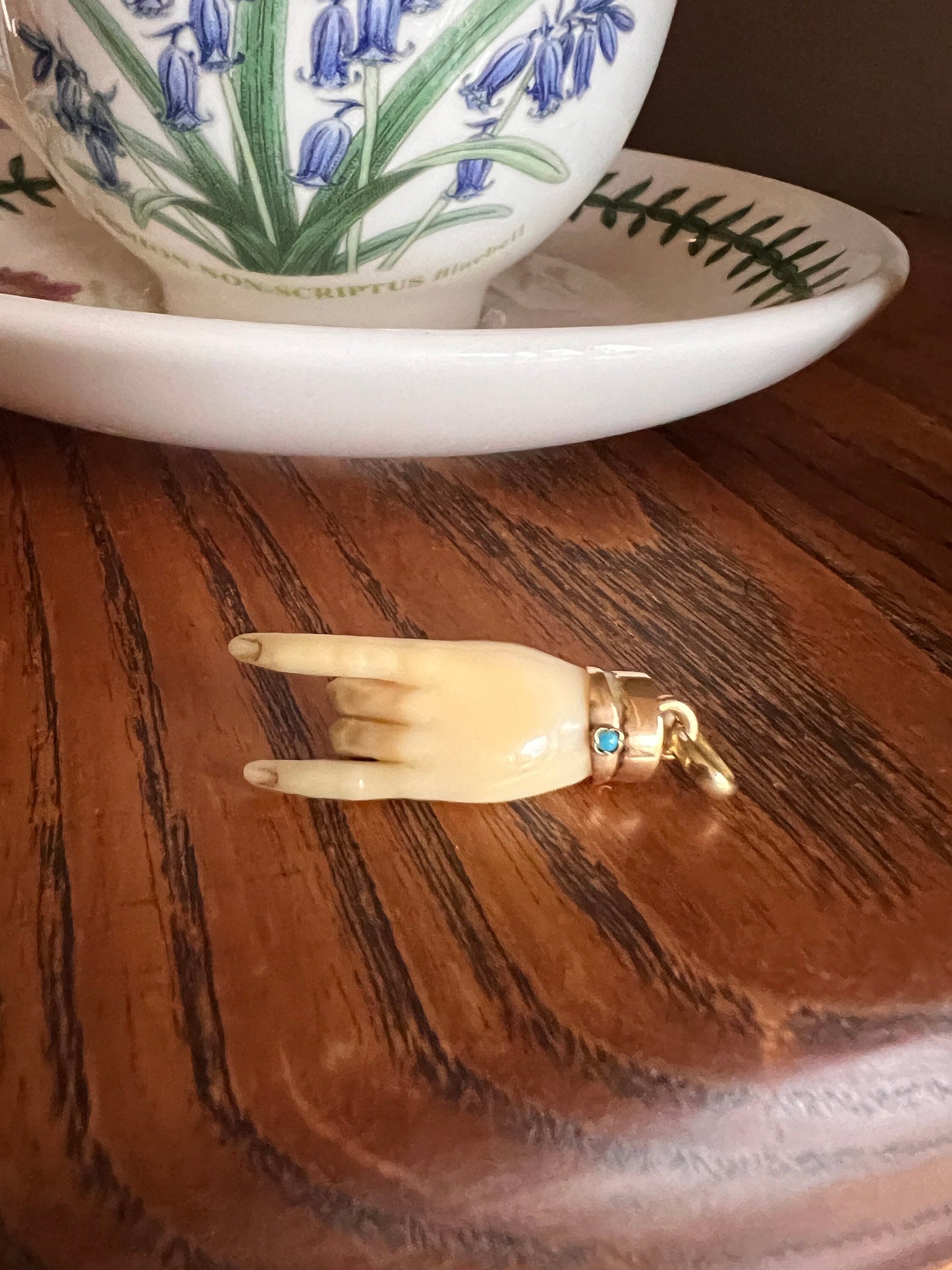 XL ANTIQUE 14k Gold Carved White Mano Cornuto Figa Hand Pendant Turquoise Bangle Figural Rock On Symbol Fist Amulet Gift Neckmess Victorian