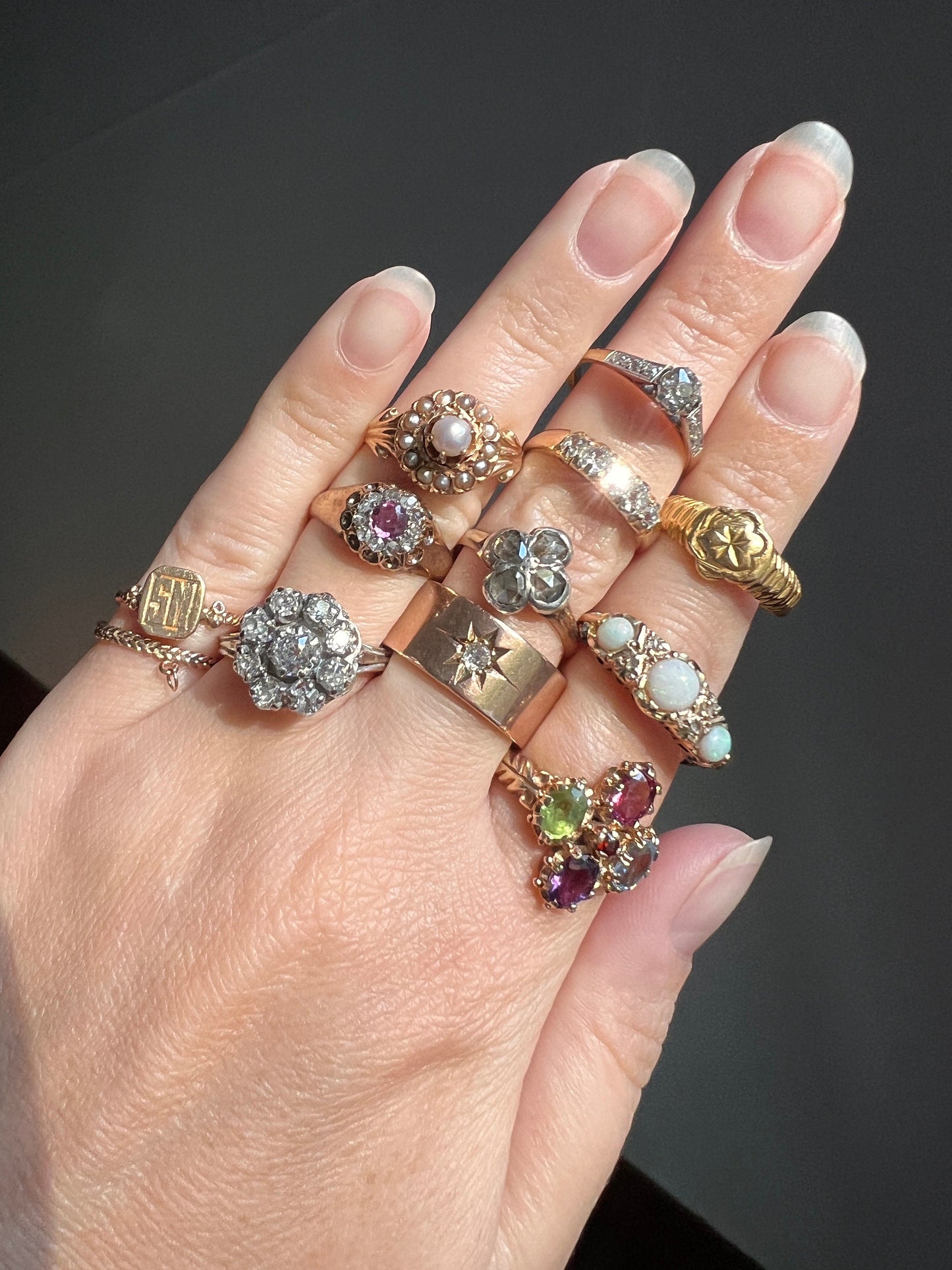 OPAL Antique EDWARDIAN Trilogy Ring Wide Band 18k Gold Rose Cut DIAMOND Spacer Tall Ornate Stacker Romantic Gift Chunky Iridescent Blue 1905