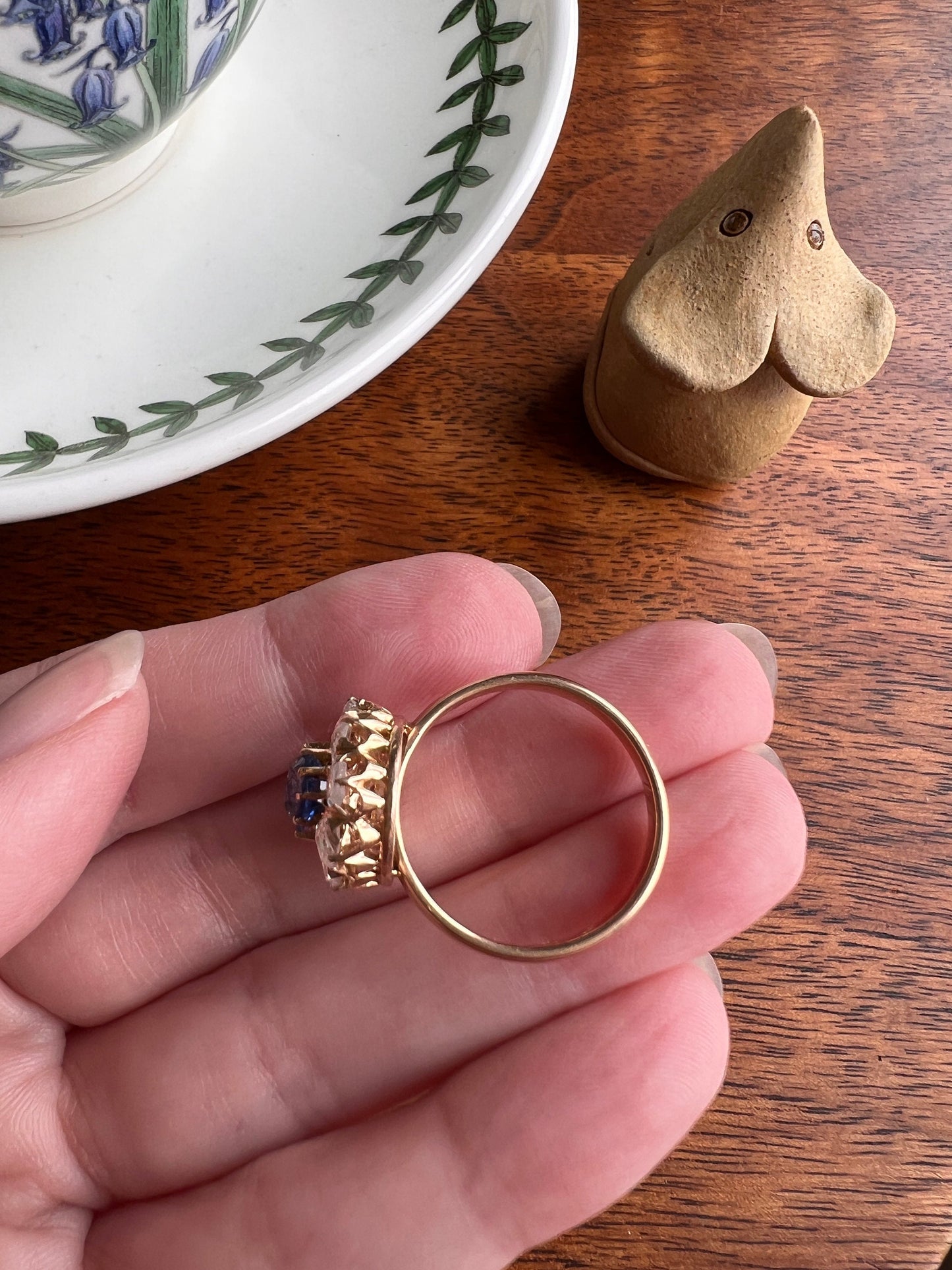 Natural Cornflower SAPPHIRE 1 Carat 10 Rose Cut Diamond Halo Ring 18k Gold Engraved Dated Wedding Band Antique Big Cluster Face Blue Chunky