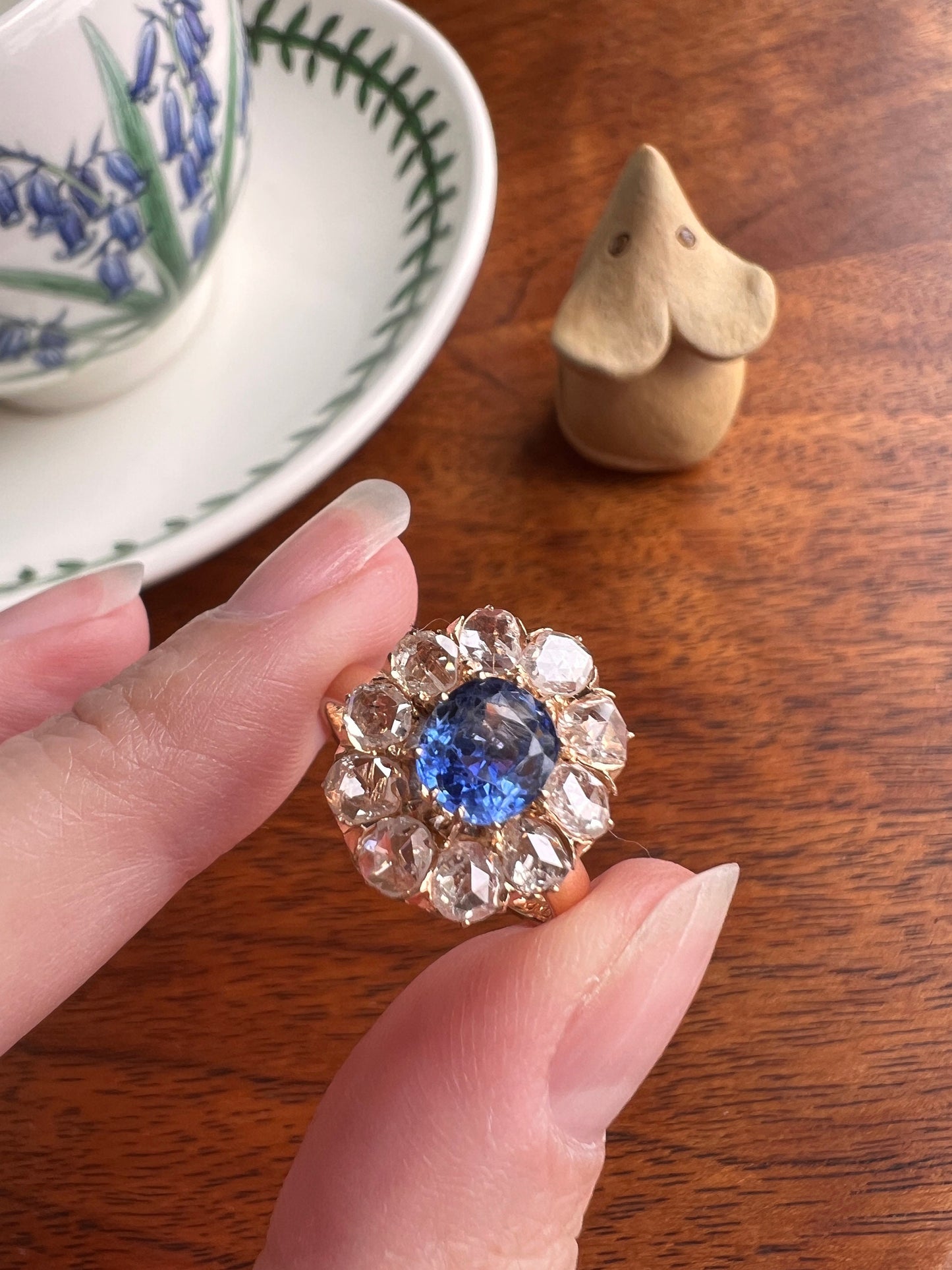 Natural Cornflower SAPPHIRE 1 Carat 10 Rose Cut Diamond Halo Ring 18k Gold Engraved Dated Wedding Band Antique Big Cluster Face Blue Chunky