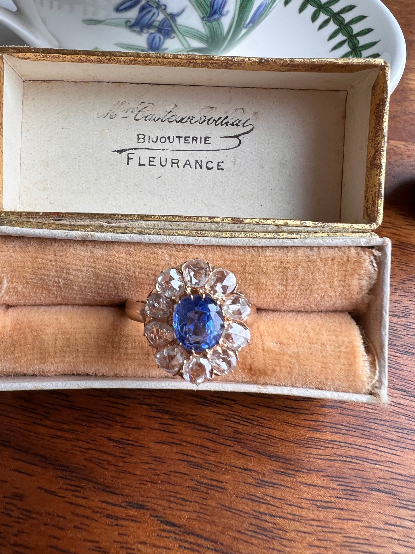 Natural Cornflower SAPPHIRE 1 Carat 10 Rose Cut Diamond Halo Ring 18k Gold Engraved Dated Wedding Band Antique Big Cluster Face Blue Chunky