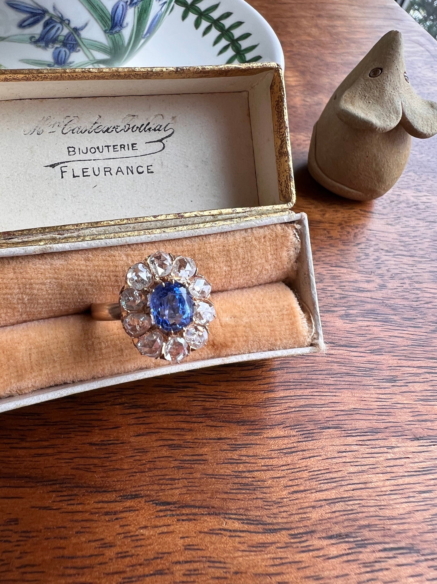 Natural Cornflower SAPPHIRE 1 Carat 10 Rose Cut Diamond Halo Ring 18k Gold Engraved Dated Wedding Band Antique Big Cluster Face Blue Chunky