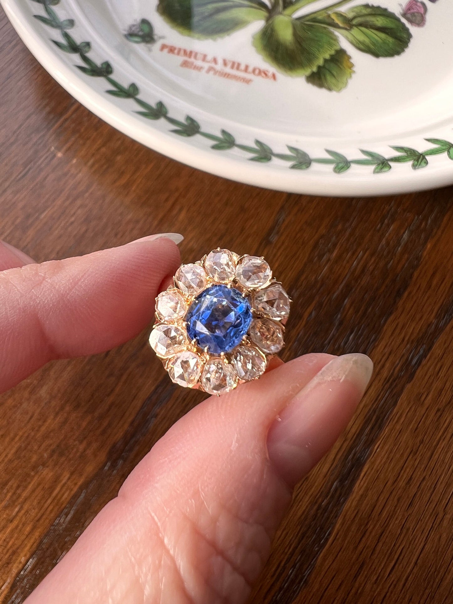 Natural Cornflower SAPPHIRE 1 Carat 10 Rose Cut Diamond Halo Ring 18k Gold Engraved Dated Wedding Band Antique Big Cluster Face Blue Chunky