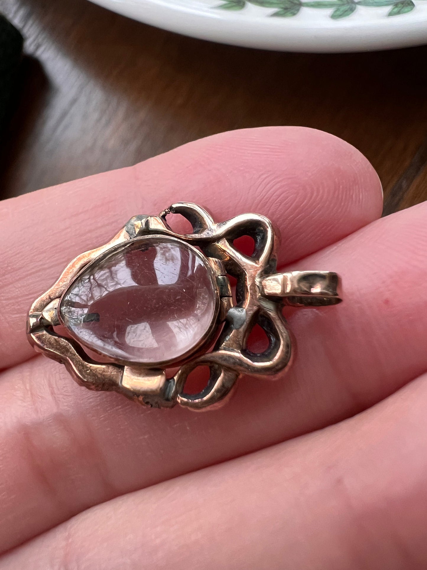 GEORGIAN Antique Bowed HEART Rock Crystal Garnet Ruby LOCKET 14k Gold Flat Cut Red Gemset Back Magnifier Pool of Light Romantic Gift Holiday