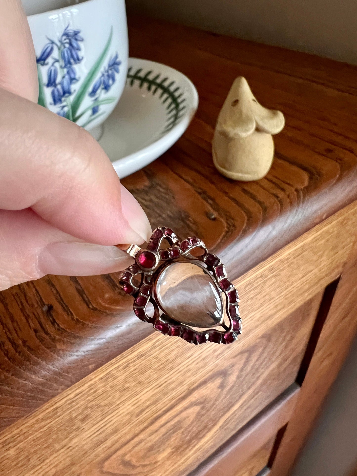 GEORGIAN Antique Bowed HEART Rock Crystal Garnet Ruby LOCKET 14k Gold Flat Cut Red Gemset Back Magnifier Pool of Light Romantic Gift Holiday