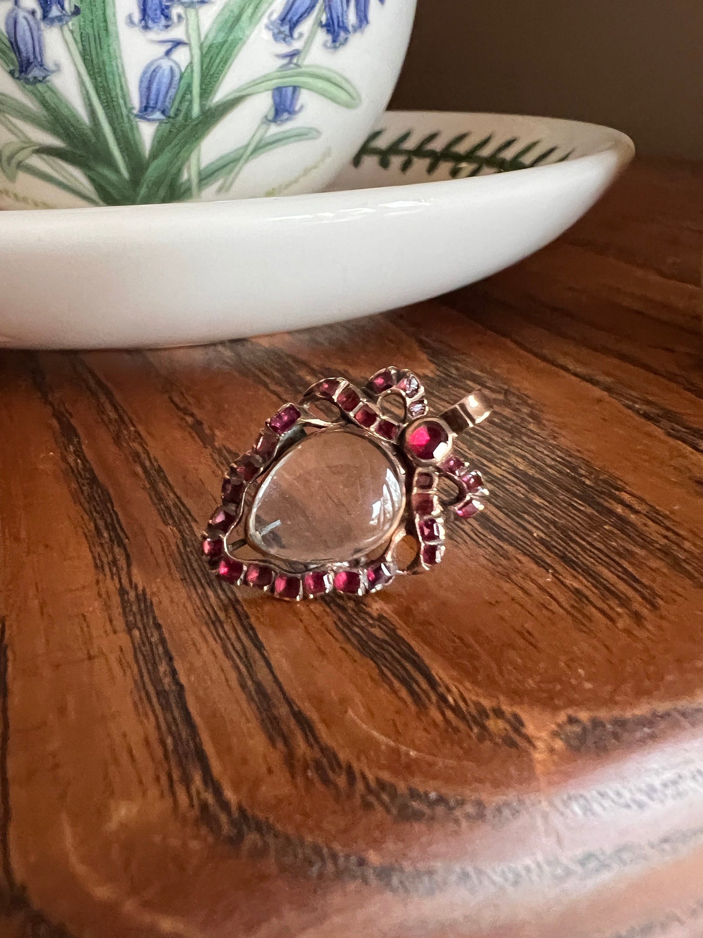 GEORGIAN Antique Bowed HEART Rock Crystal Garnet Ruby LOCKET 14k Gold Flat Cut Red Gemset Back Magnifier Pool of Light Romantic Gift Holiday