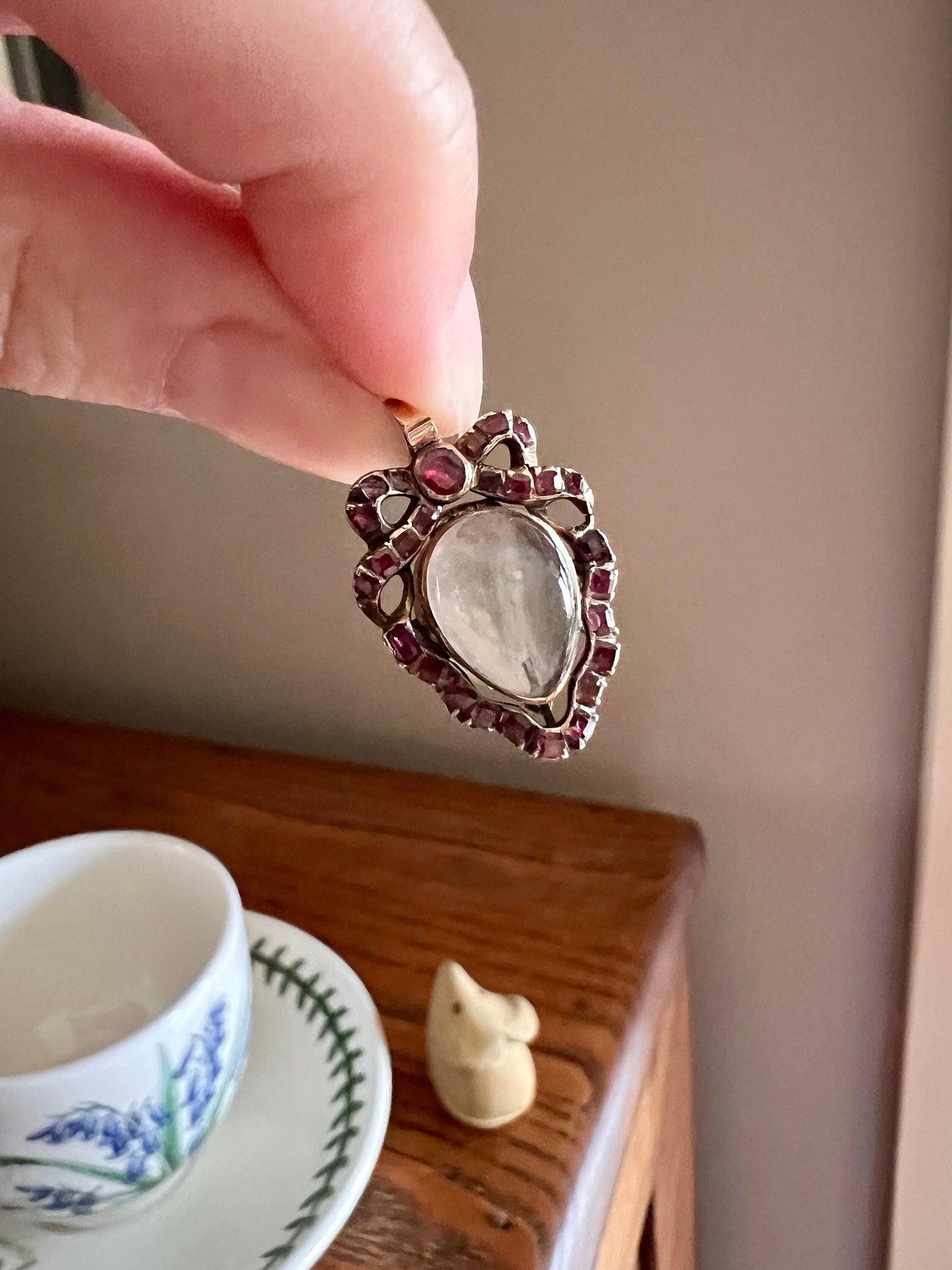 GEORGIAN Antique Bowed HEART Rock Crystal Garnet Ruby LOCKET 14k Gold Flat Cut Red Gemset Back Magnifier Pool of Light Romantic Gift Holiday
