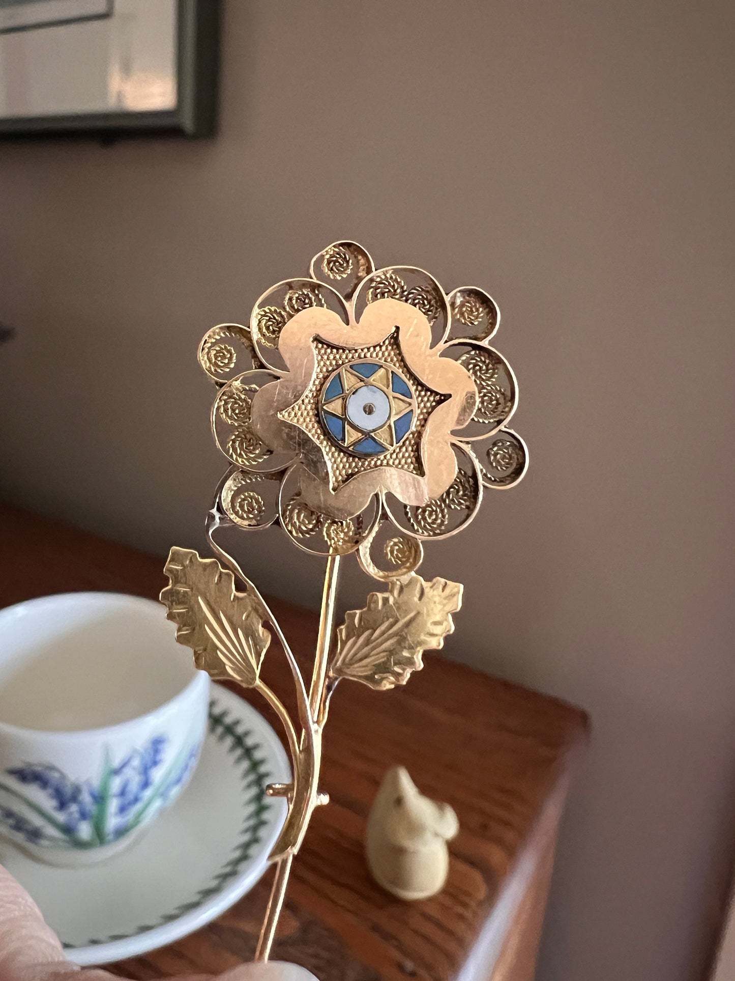 GEORGIAN Era French Antique Blue White Enamel STAR Floral Figural Stick PIN or Pendant Conv. Large Hinged Back Brooch Fastener Filigree Leaf