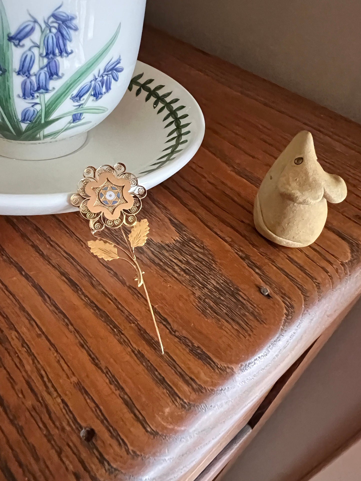 GEORGIAN Era French Antique Blue White Enamel STAR Floral Figural Stick PIN or Pendant Conv. Large Hinged Back Brooch Fastener Filigree Leaf