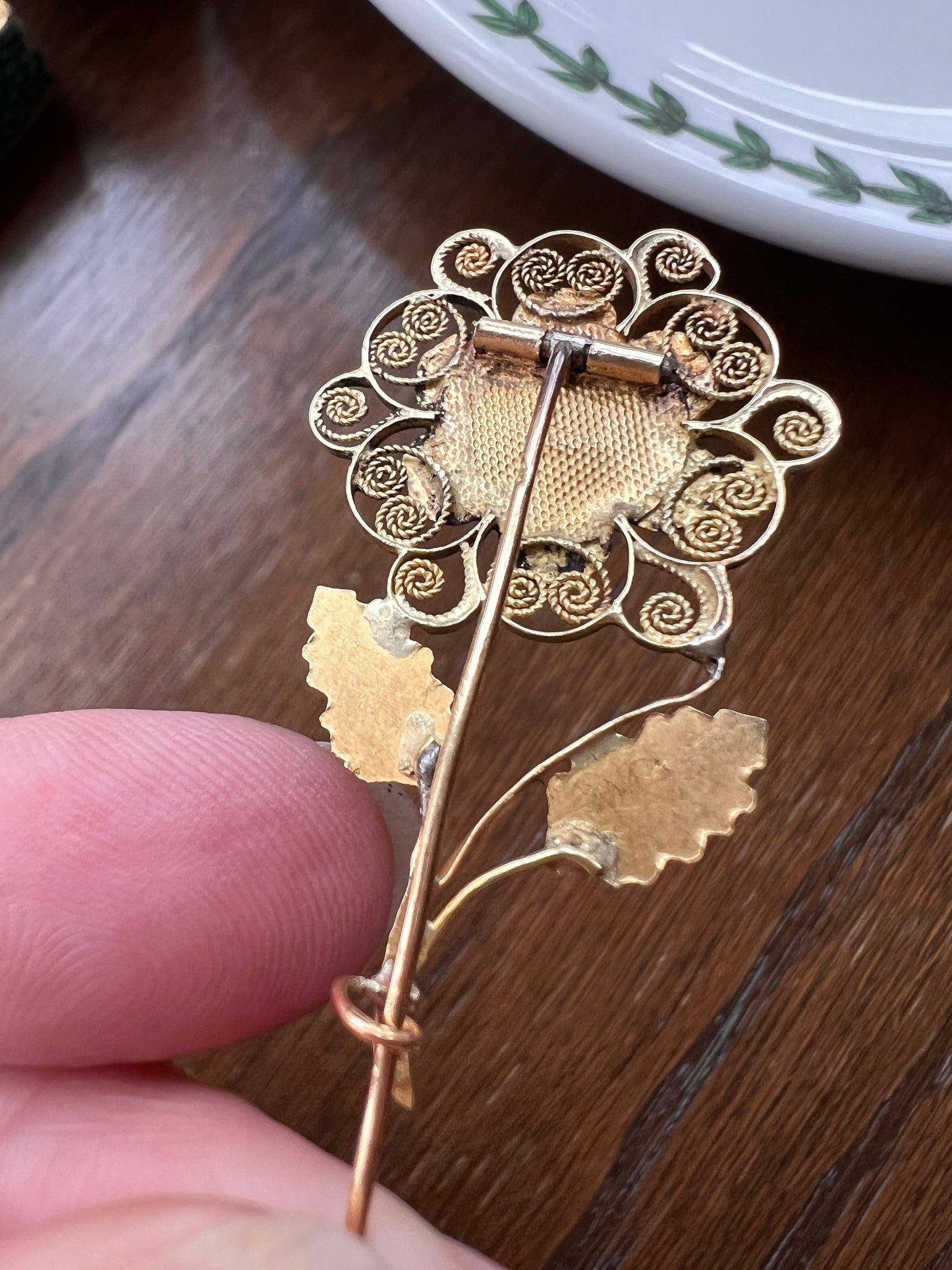 GEORGIAN Era French Antique Blue White Enamel STAR Floral Figural Stick PIN or Pendant Conv. Large Hinged Back Brooch Fastener Filigree Leaf