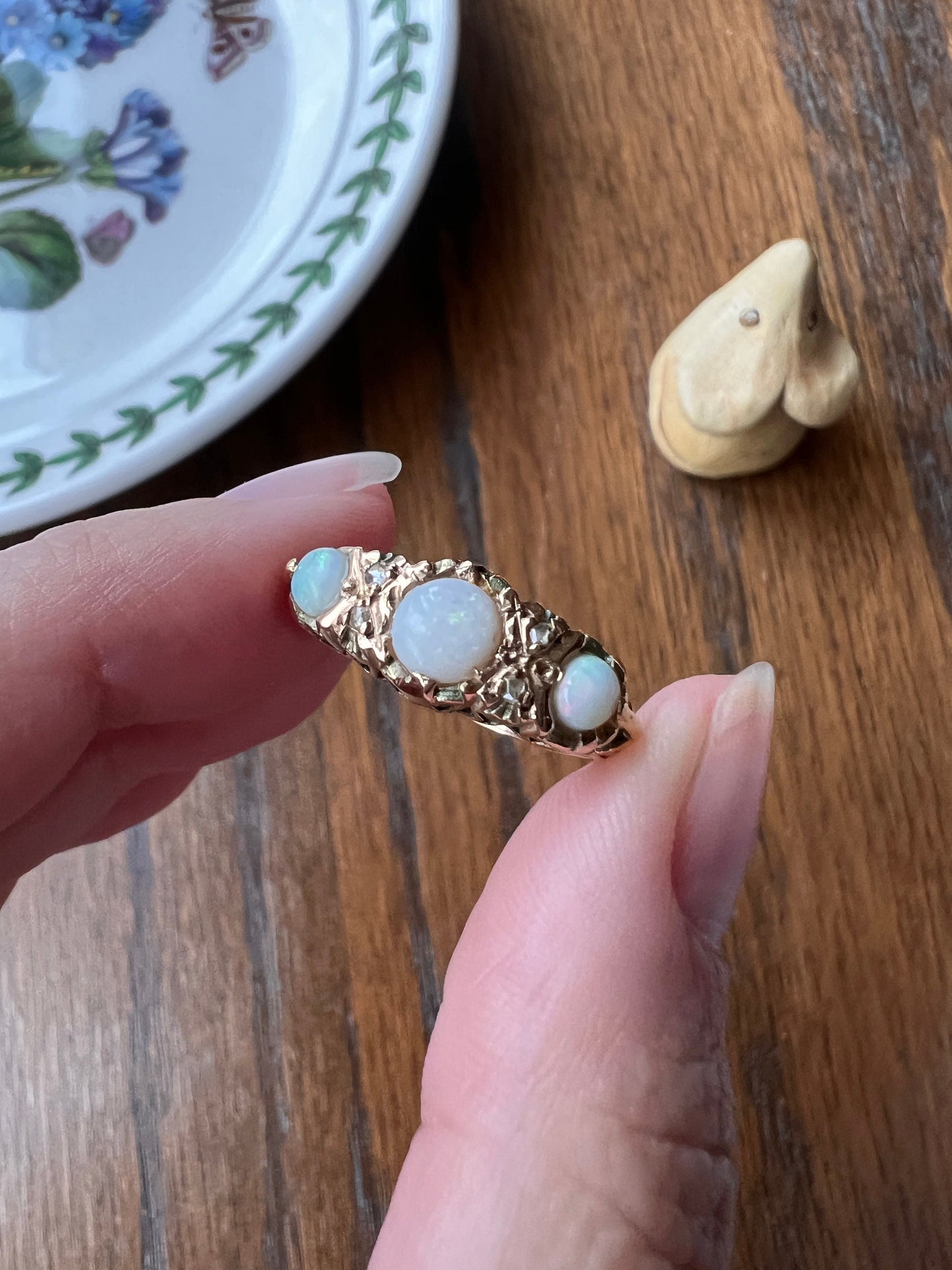OPAL Antique EDWARDIAN Trilogy Ring Wide Band 18k Gold Rose Cut DIAMOND Spacer Tall Ornate Stacker Romantic Gift Chunky Iridescent Blue 1905