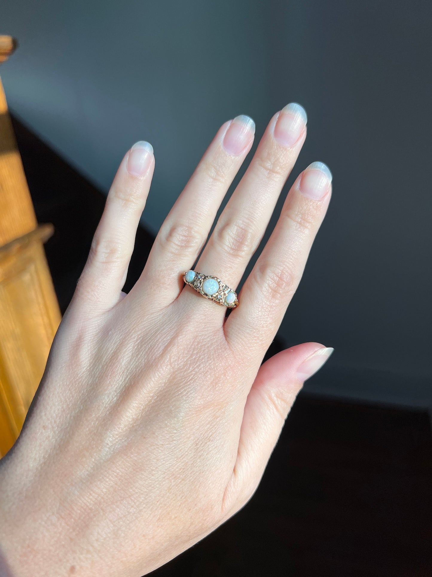 OPAL Antique EDWARDIAN Trilogy Ring Wide Band 18k Gold Rose Cut DIAMOND Spacer Tall Ornate Stacker Romantic Gift Chunky Iridescent Blue 1905