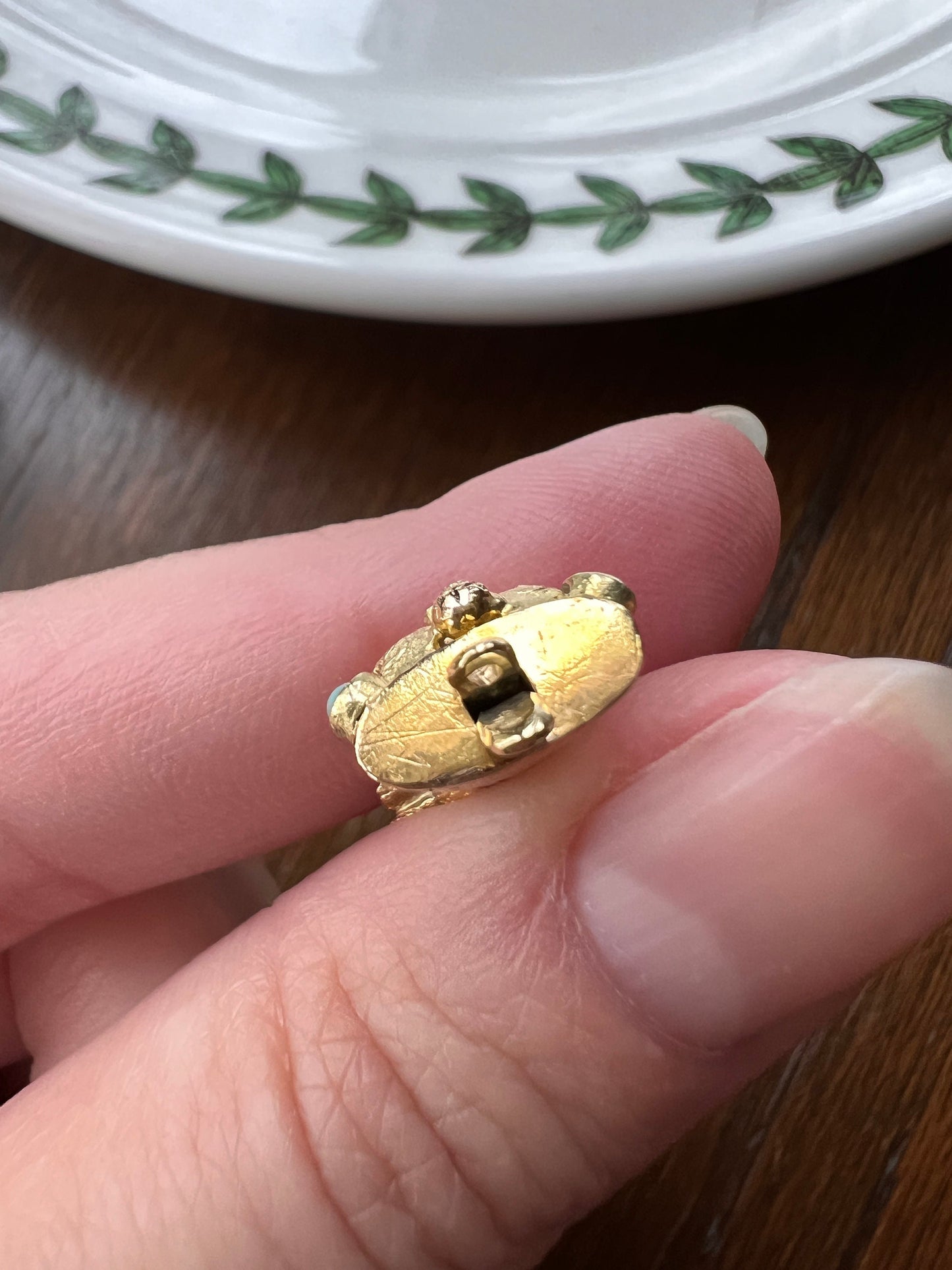 HAND Holding SNAKE Gemset CLASP Victorian Pendant 14k Gold Figural Floral Cuff Wearing Diamond Ring Turquoise Bead Romantic Gift 3D Detail