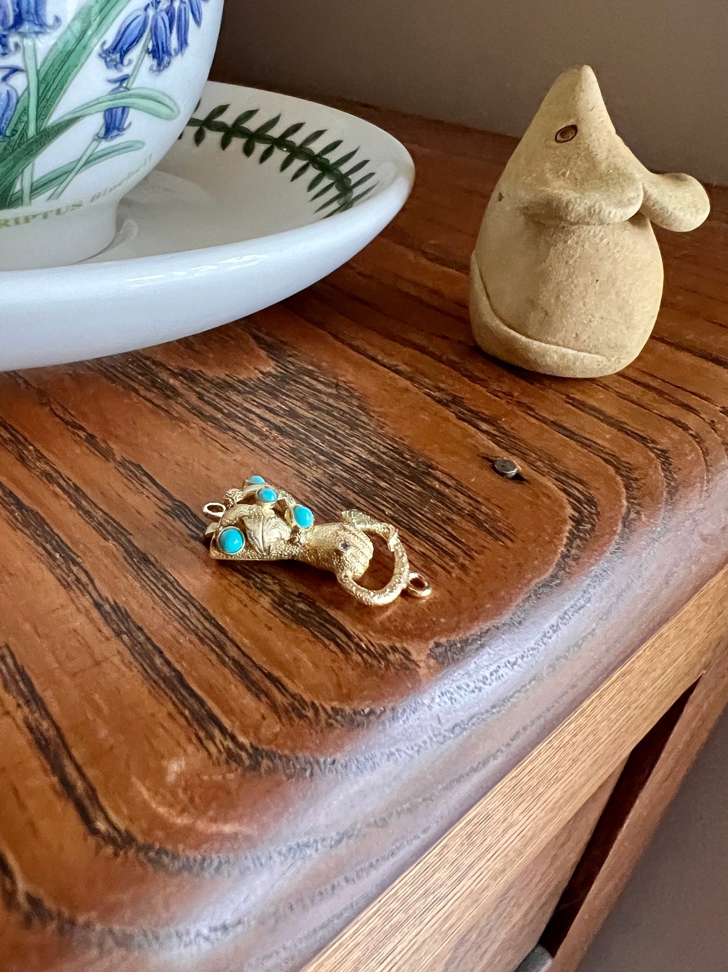 HAND Holding SNAKE Gemset CLASP Victorian Pendant 14k Gold Figural Floral Cuff Wearing Diamond Ring Turquoise Bead Romantic Gift 3D Detail