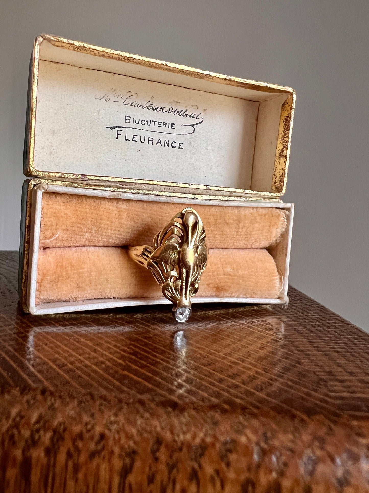 SWAN French ANTIQUE Special Art Nouveau Old Mine Cut DIAMOND 18k Gold Platinum Ring Loyalty Strength Figural Animal Romantic Gift Lifelike