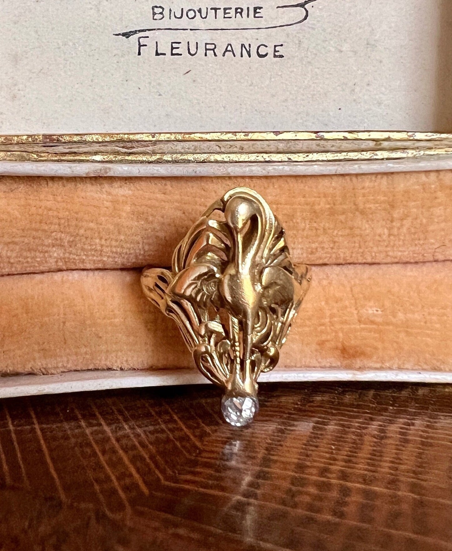 SWAN French ANTIQUE Special Art Nouveau Old Mine Cut DIAMOND 18k Gold Platinum Ring Loyalty Strength Figural Animal Romantic Gift Lifelike