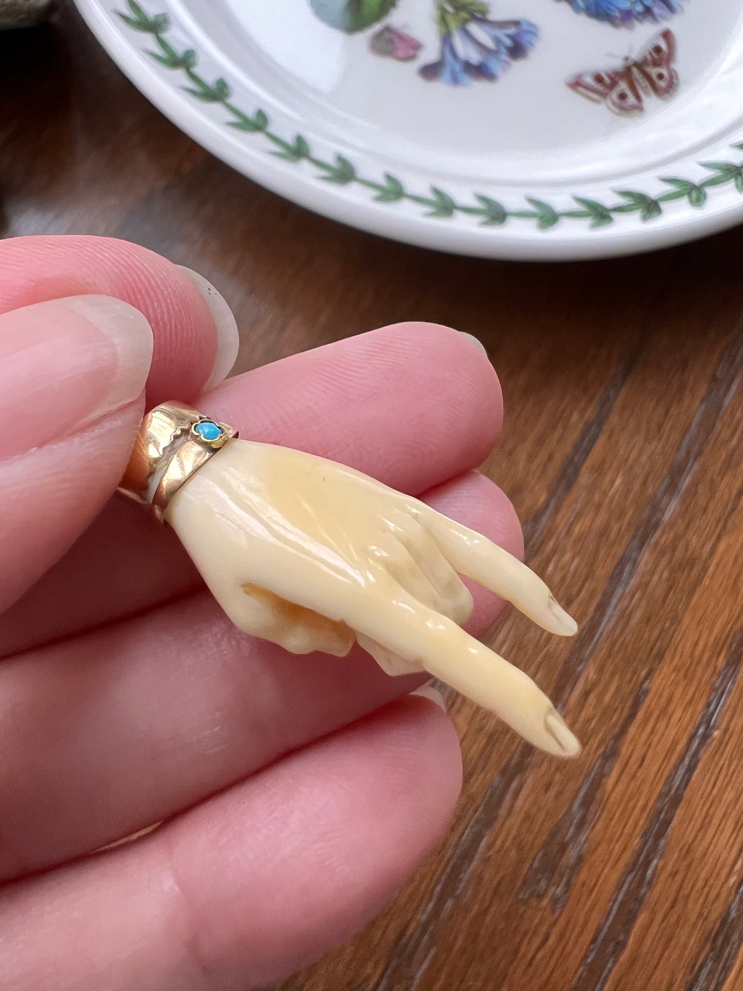 XL ANTIQUE 14k Gold Carved White Mano Cornuto Figa Hand Pendant Turquoise Bangle Figural Rock On Symbol Fist Amulet Gift Neckmess Victorian