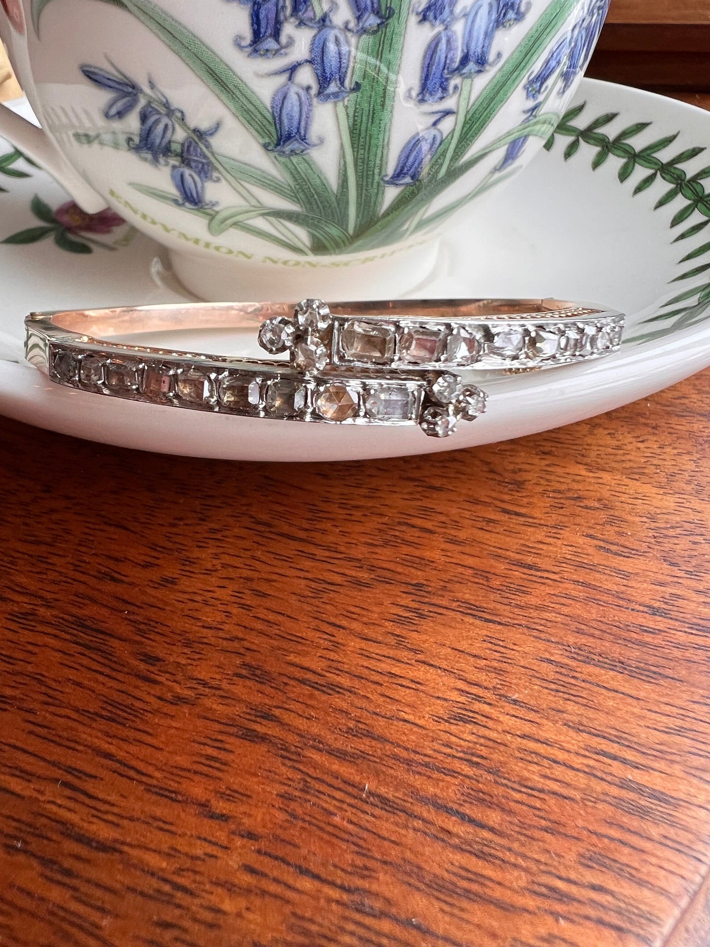 Boxed FRENCH Antique 24 TABLE Cut & Rose Cut DIAMOND 2 Carat Linear Clovers Hinged Bangle Bracelet 18k Gold Platinum Victorian Belle Epoque