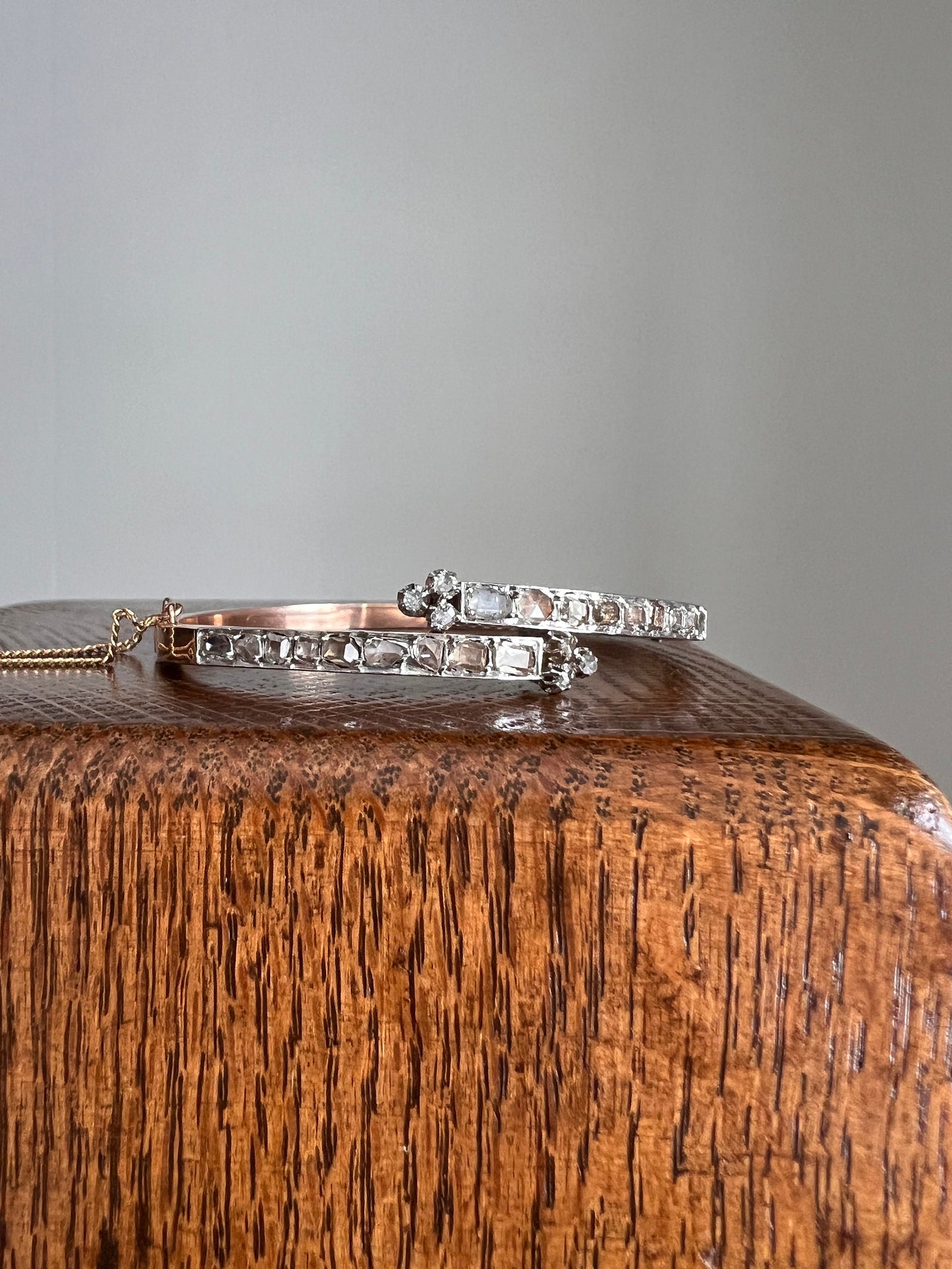 Boxed FRENCH Antique 24 TABLE Cut & Rose Cut DIAMOND 2 Carat Linear Clovers Hinged Bangle Bracelet 18k Gold Platinum Victorian Belle Epoque