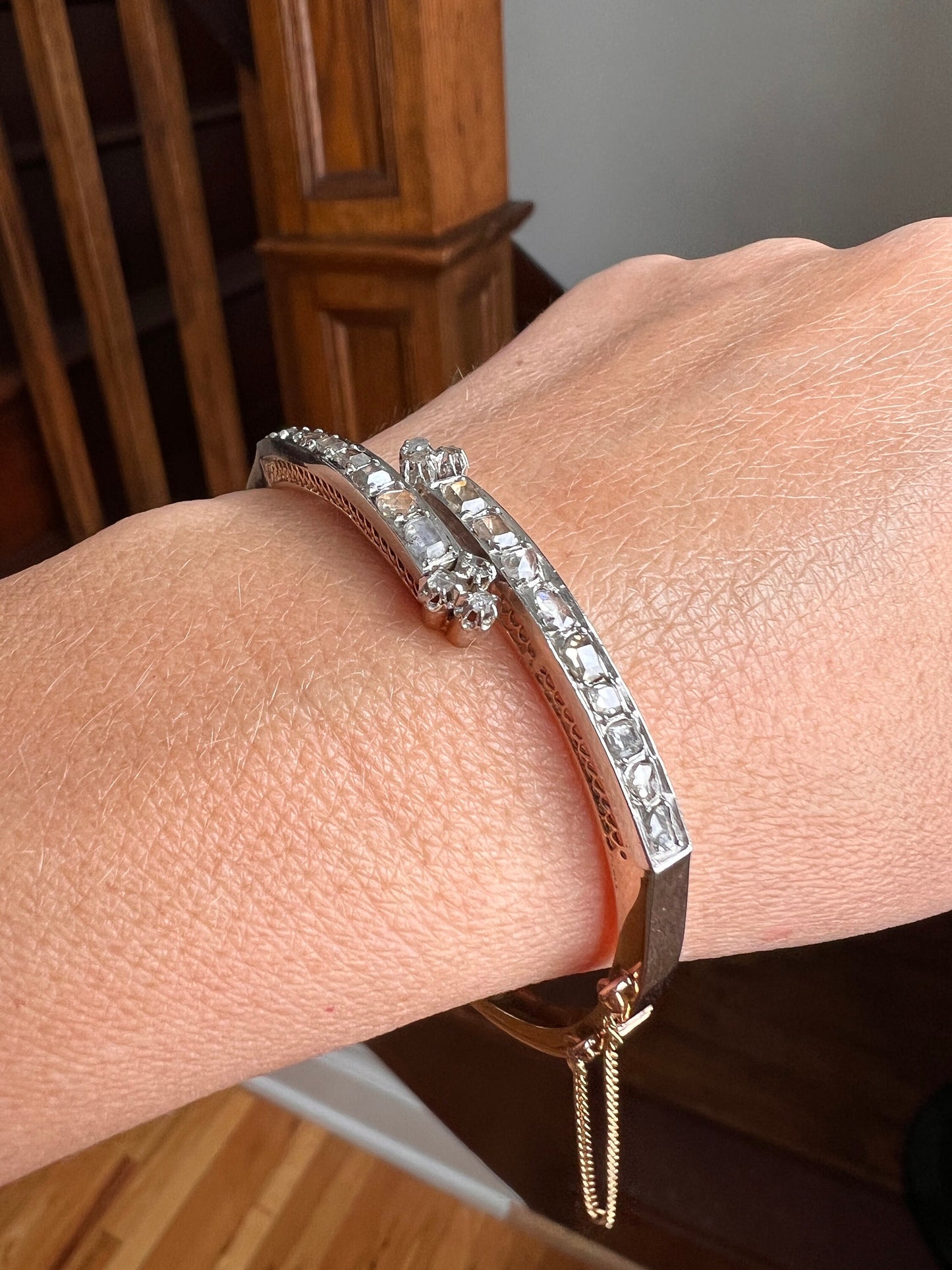 Boxed FRENCH Antique 24 TABLE Cut & Rose Cut DIAMOND 2 Carat Linear Clovers Hinged Bangle Bracelet 18k Gold Platinum Victorian Belle Epoque