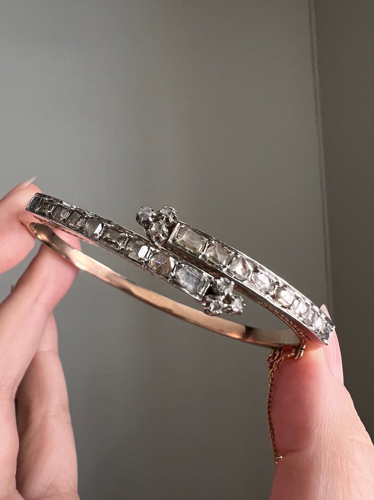 Boxed FRENCH Antique 24 TABLE Cut & Rose Cut DIAMOND 2 Carat Linear Clovers Hinged Bangle Bracelet 18k Gold Platinum Victorian Belle Epoque