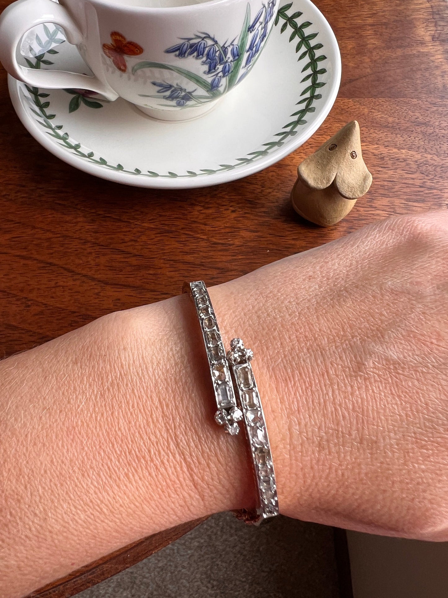 Boxed FRENCH Antique 24 TABLE Cut & Rose Cut DIAMOND 2 Carat Linear Clovers Hinged Bangle Bracelet 18k Gold Platinum Victorian Belle Epoque