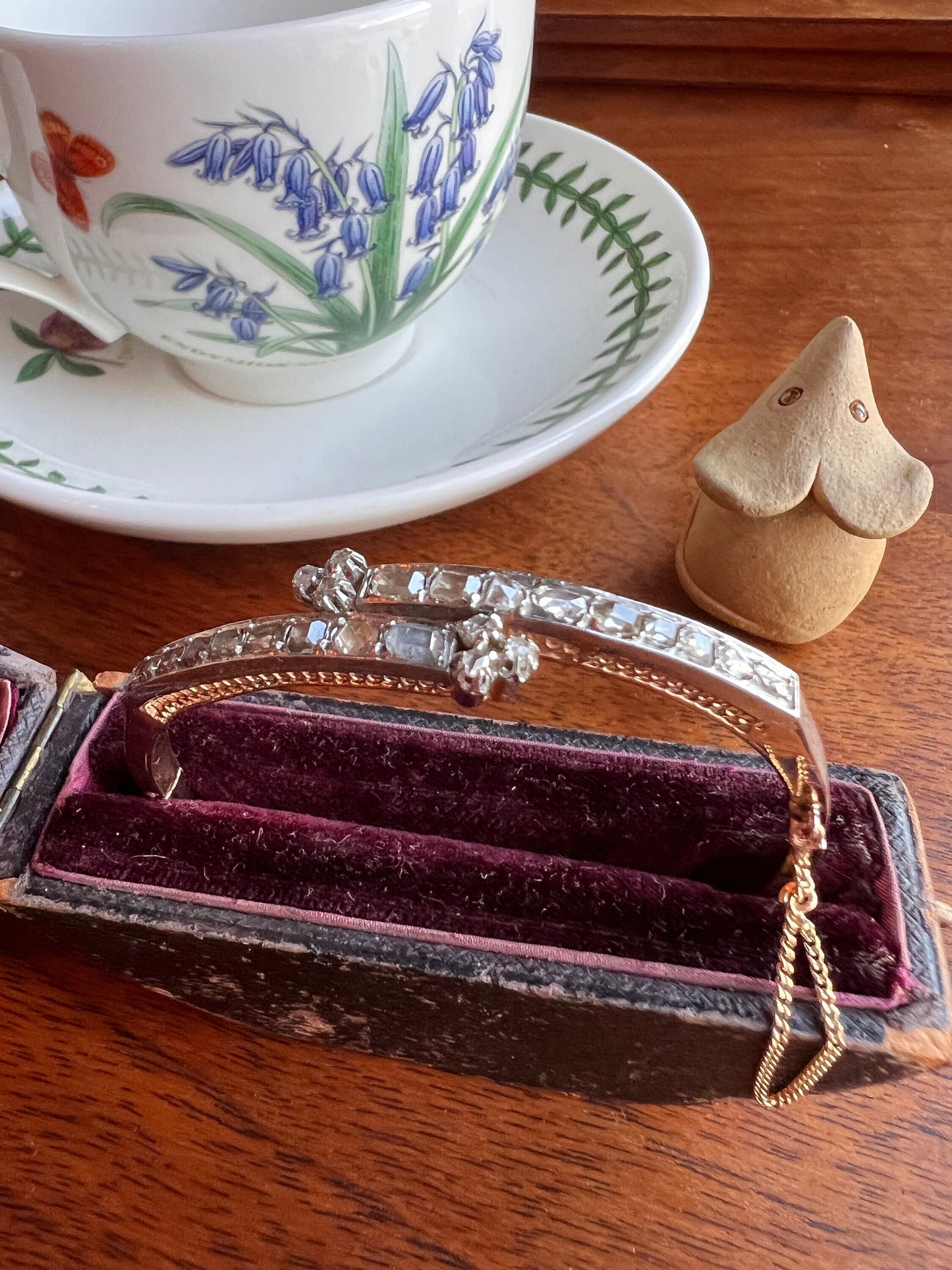 Boxed FRENCH Antique 24 TABLE Cut & Rose Cut DIAMOND 2 Carat Linear Clovers Hinged Bangle Bracelet 18k Gold Platinum Victorian Belle Epoque