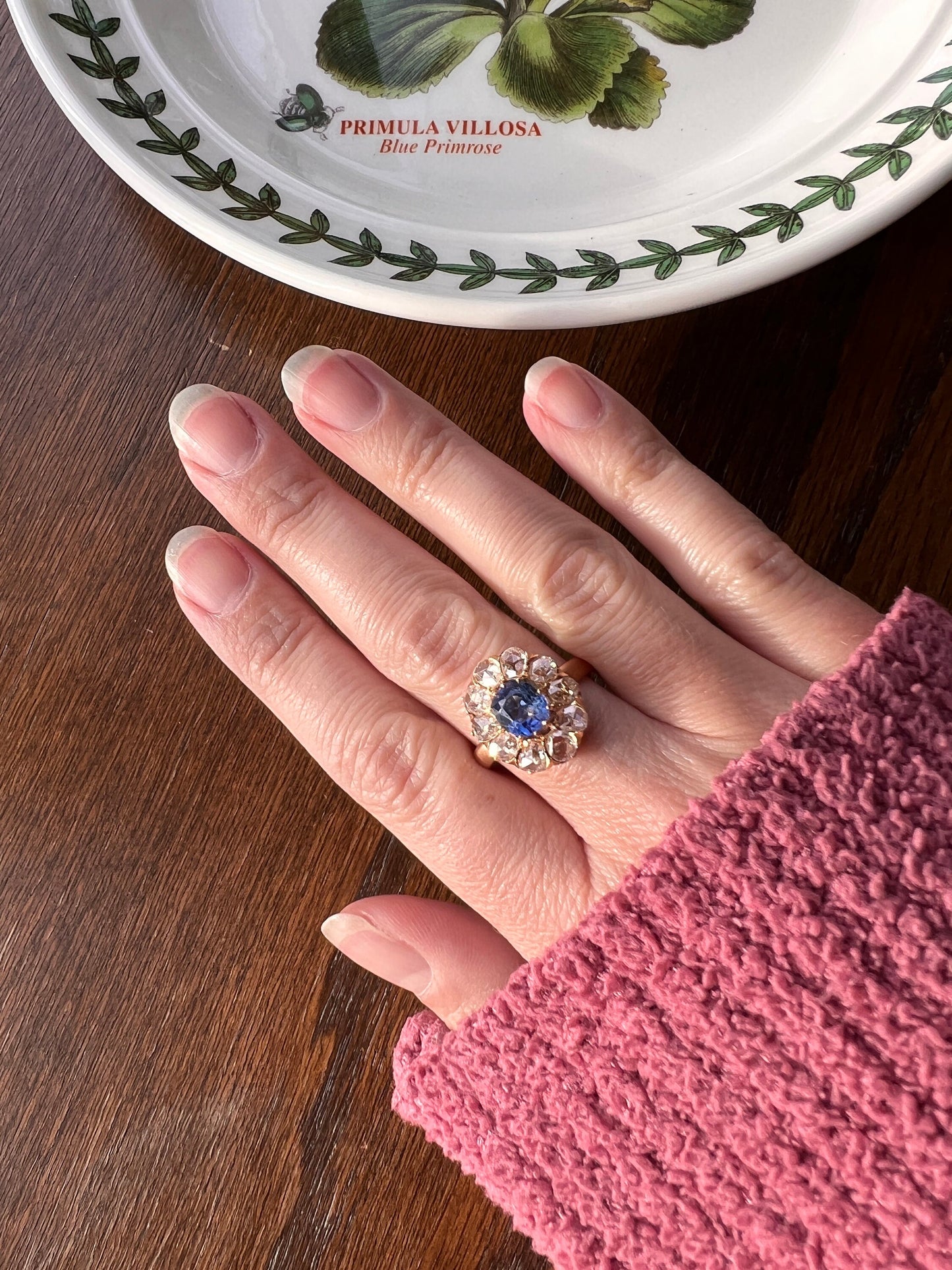 Natural Cornflower SAPPHIRE 1 Carat 10 Rose Cut Diamond Halo Ring 18k Gold Engraved Dated Wedding Band Antique Big Cluster Face Blue Chunky