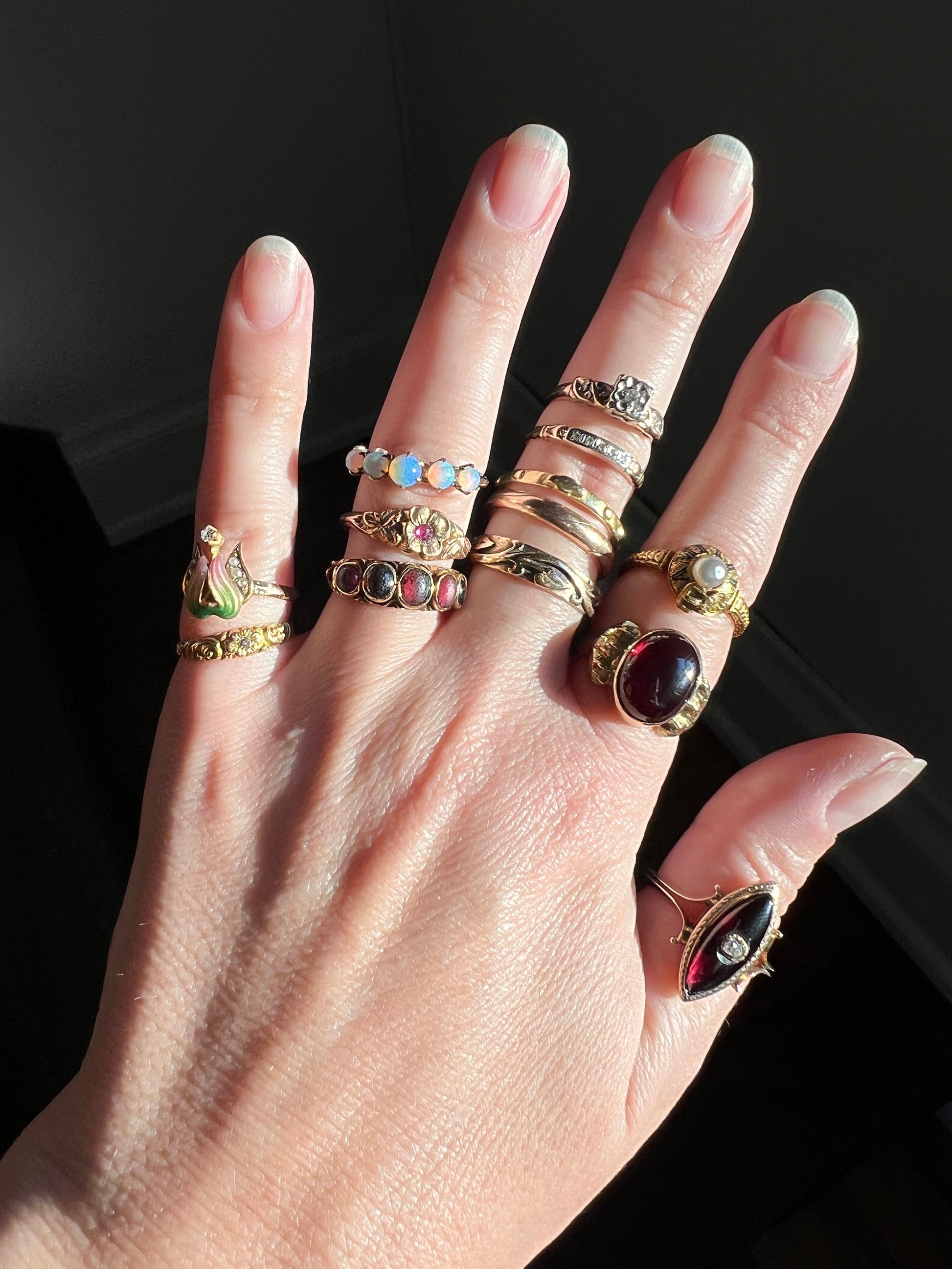 Antique " FRIENDSHIP " French Amitie Buckle Halo Ring Pearl Black Enamel 18k Gold Victorian Belle Epoque Romantic Gift Figural Ornate Words