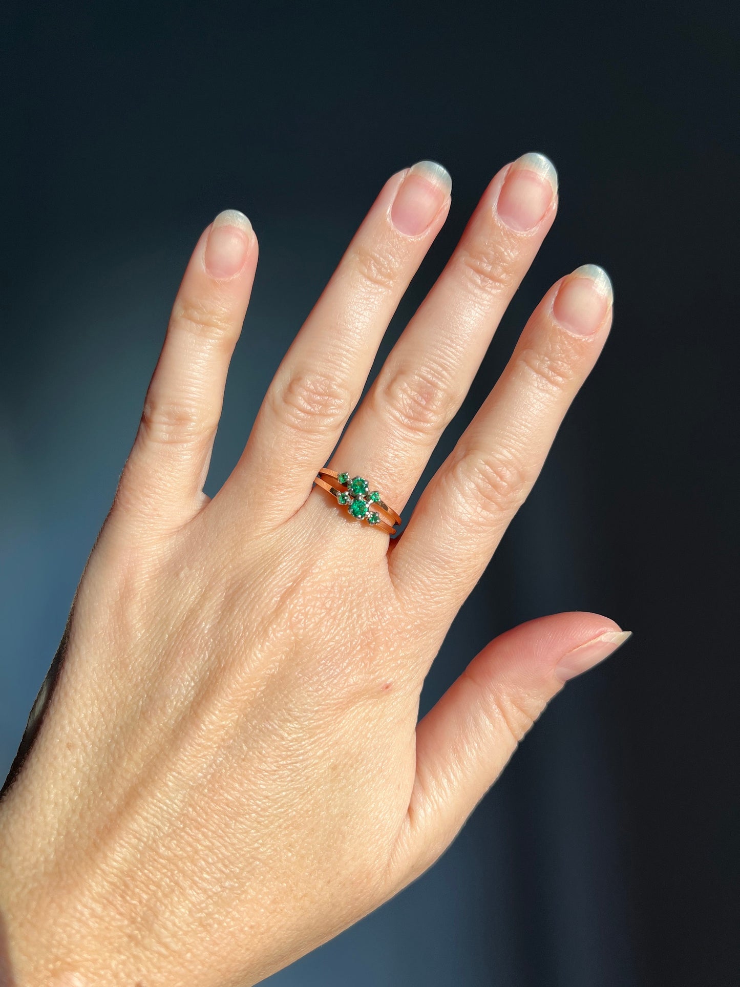French ANTIQUE 18k Rose Gold Green Paste Faux Emerald Double Band Ring Stacker Romantic Gift Six Stone Linear Victorian Belle Epoque