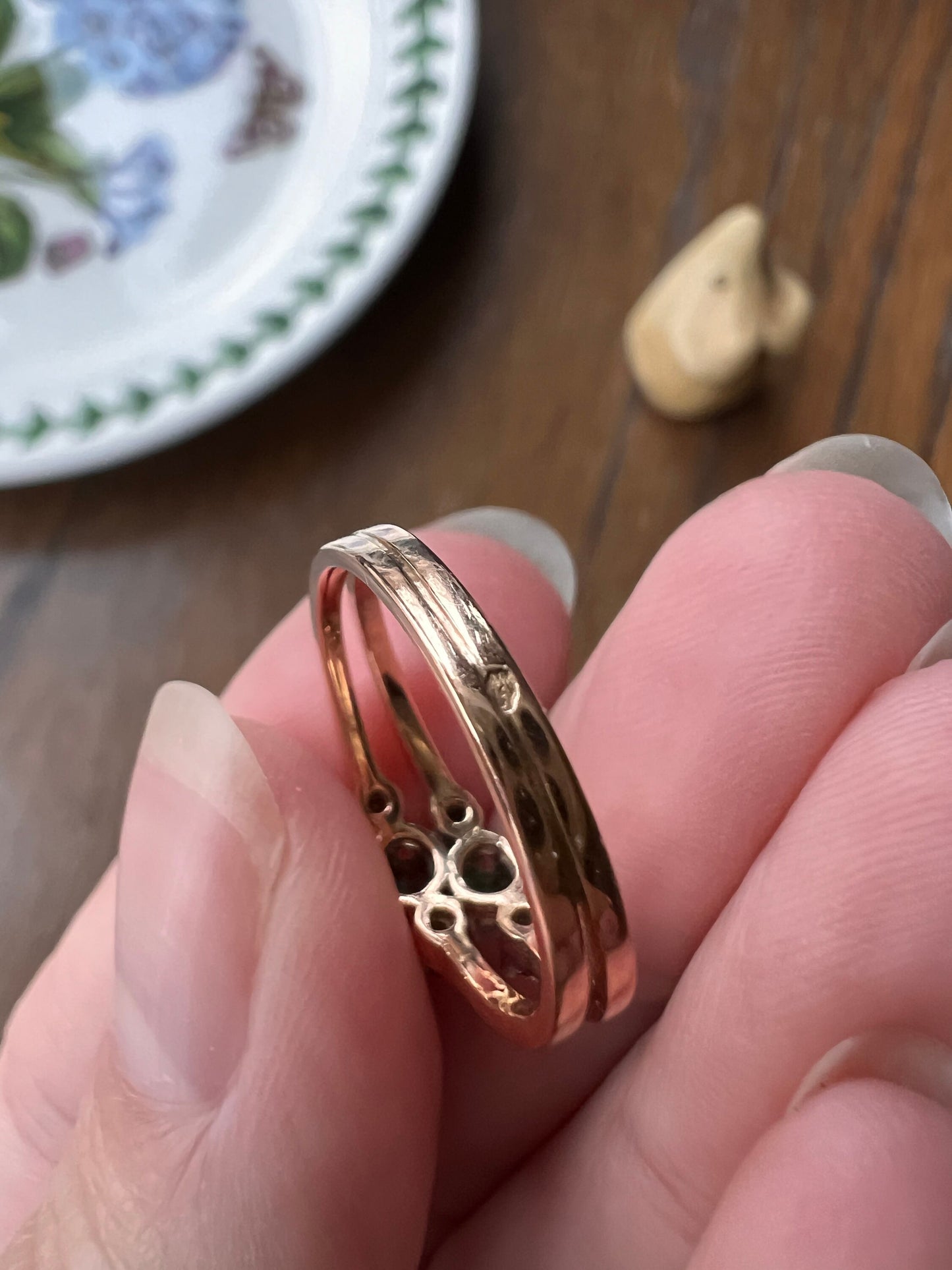 French ANTIQUE 18k Rose Gold Green Paste Faux Emerald Double Band Ring Stacker Romantic Gift Six Stone Linear Victorian Belle Epoque