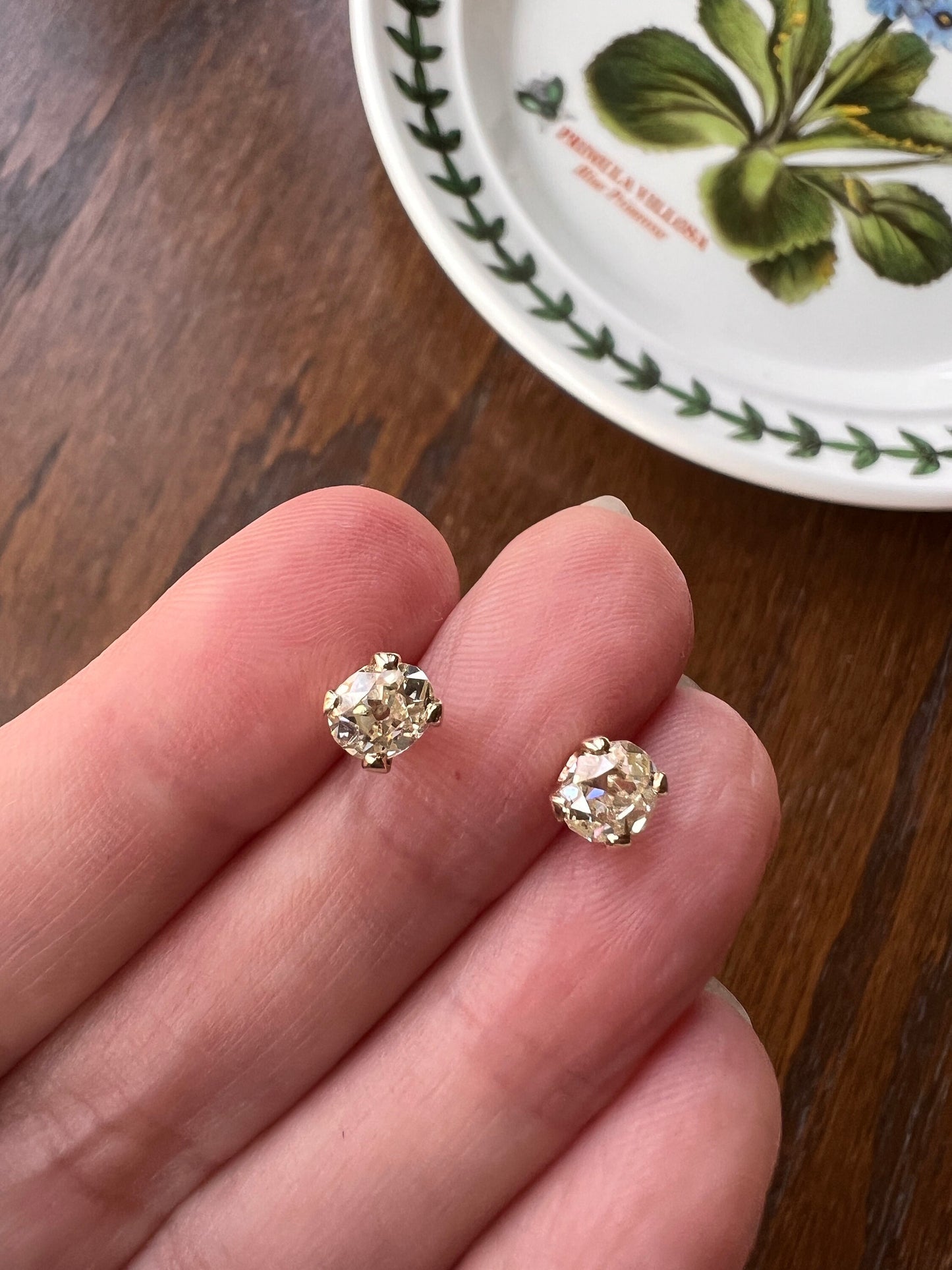 Antique 1 Carat 1Ctw. OVAL Light Yellow Cape Color Old Mine Cut DIAMOND Stud Earrings w/ Certificate 18k White GOLD Romantic Gift Minimalist