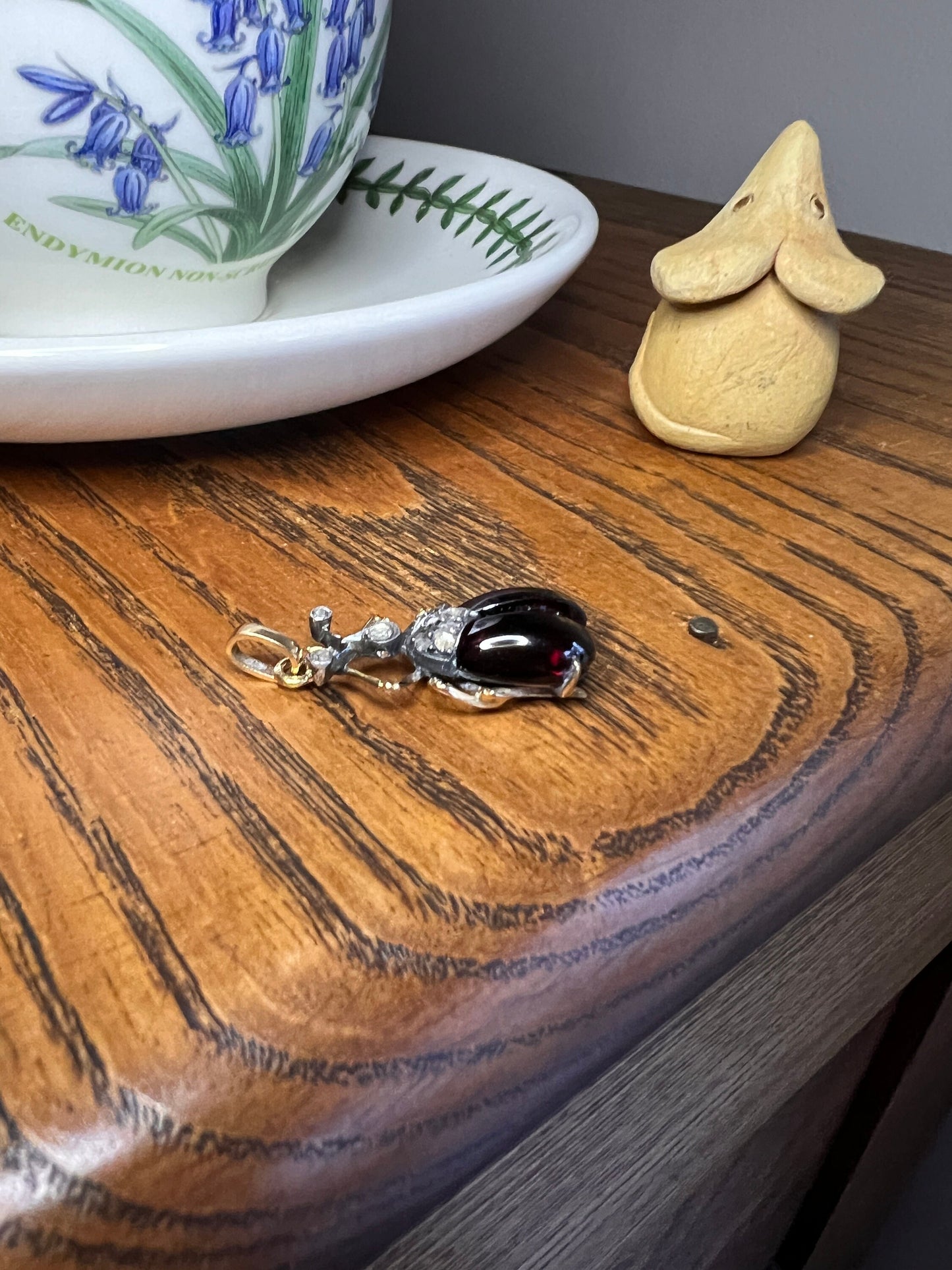 BUG Large GARNET Wings Rose Cut Diamond French Antique Victorian Figural Pendant 18k Gold Silver Figural Unique Gift Glossy Carbuncle Beetle
