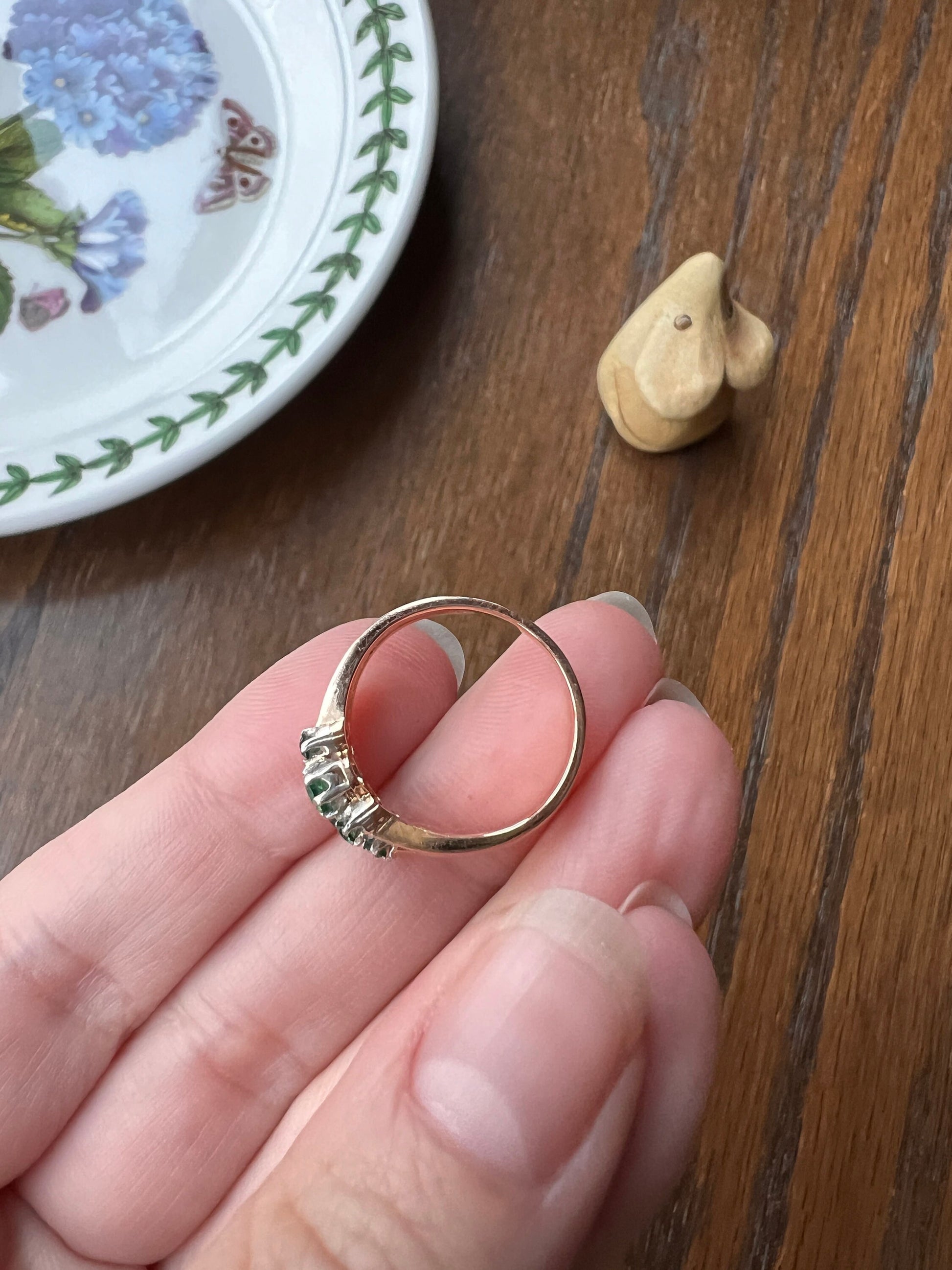 French ANTIQUE 18k Rose Gold Green Paste Faux Emerald Double Band Ring Stacker Romantic Gift Six Stone Linear Victorian Belle Epoque