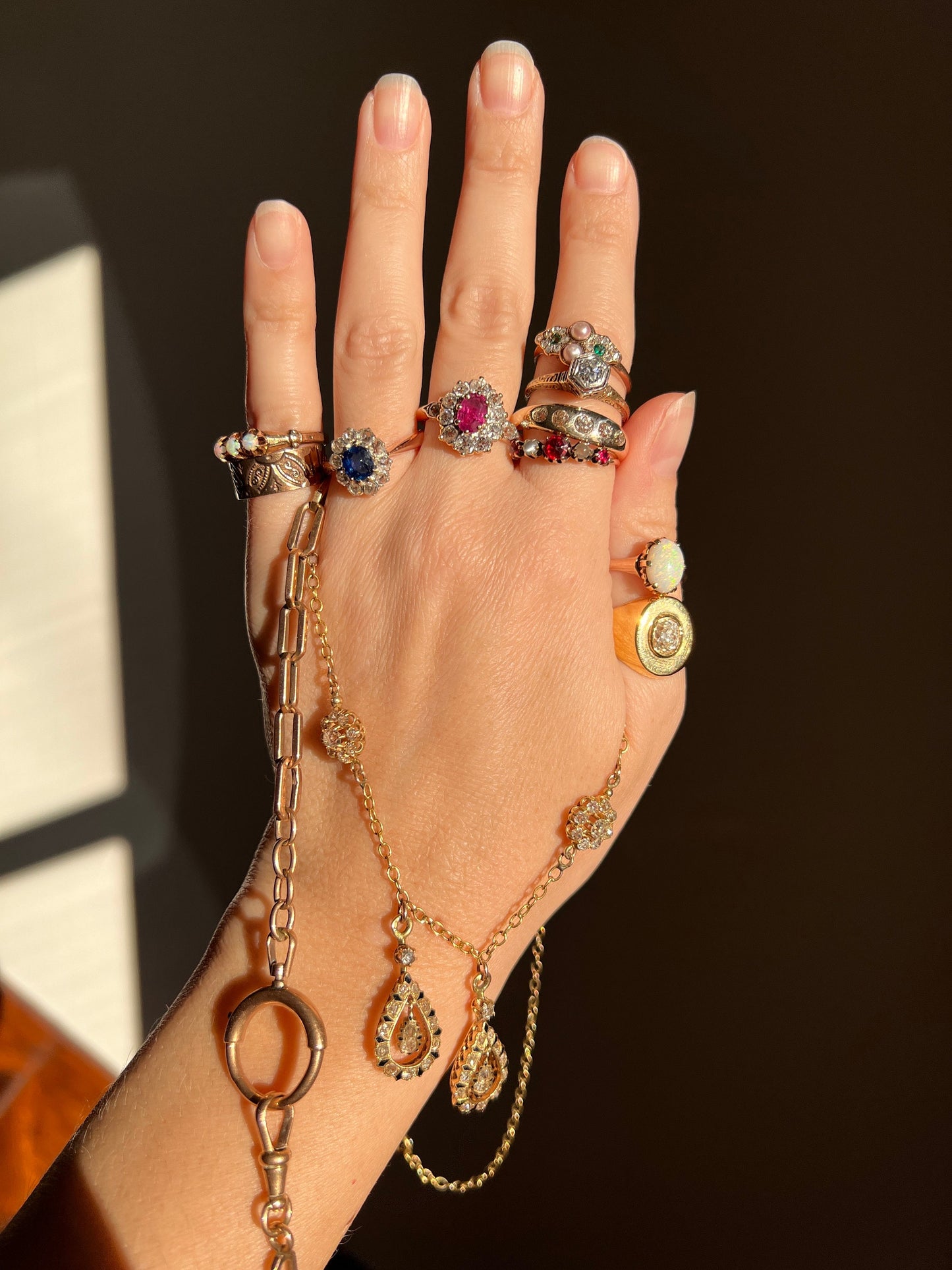 Antique CHAMPAGNE Old Mine Cut Diamond Five Stone Chunky Gypsy Band .4 Carat Stacker 4.4g 14k Gold Unisex Man or Woman Ring Geometric Linear