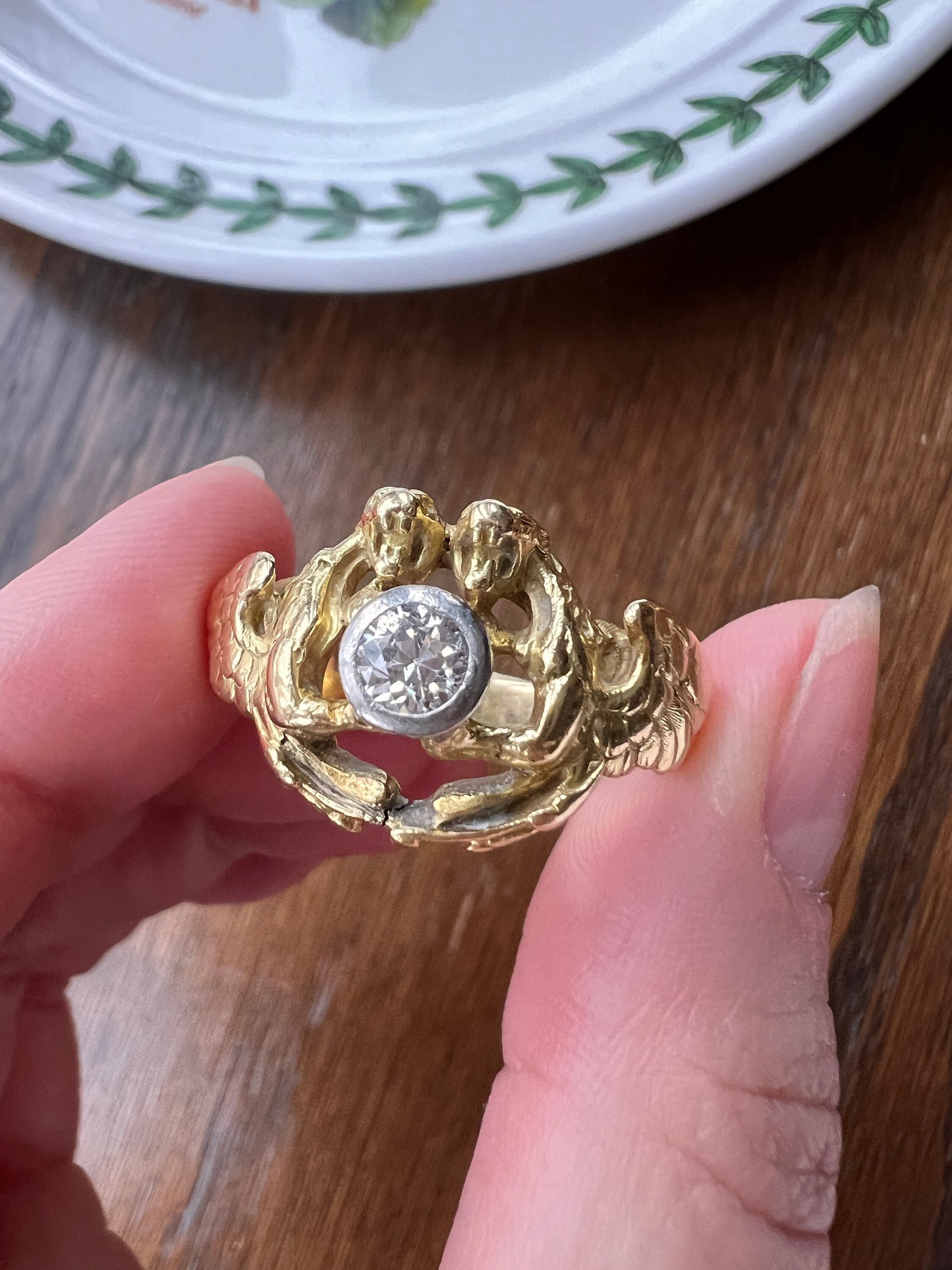 HEAVY Double DRAGON French Antique .3 Ctw Old European Cut DIAMOND RiNG 10g 18k Gold Gift Victorian Figural Belle Epoque Art Nouveau Unisex