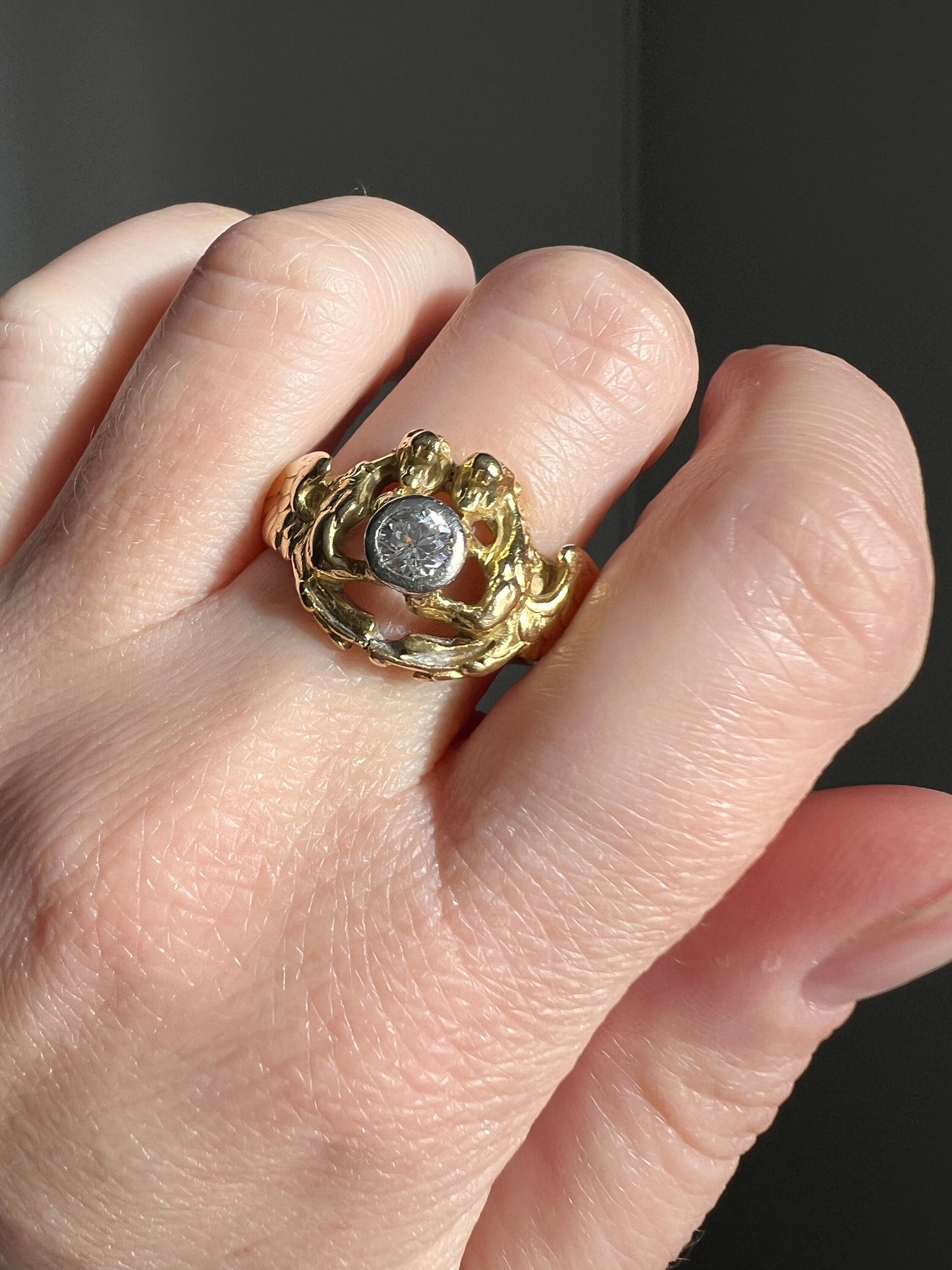 HEAVY Double DRAGON French Antique .3 Ctw Old European Cut DIAMOND RiNG 10g 18k Gold Gift Victorian Figural Belle Epoque Art Nouveau Unisex