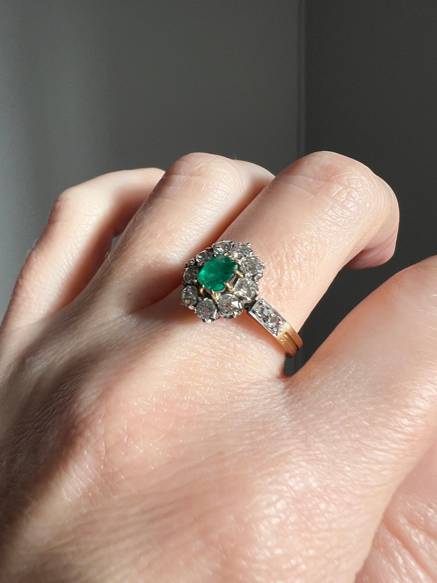 French Antique Natural EMERALD .6Ctw Old Mine Cut Rose DIAMOND Halo Ring 18k Gold Green Belle Epoque Art Nouveau Edwardian Romantic Gift OMC