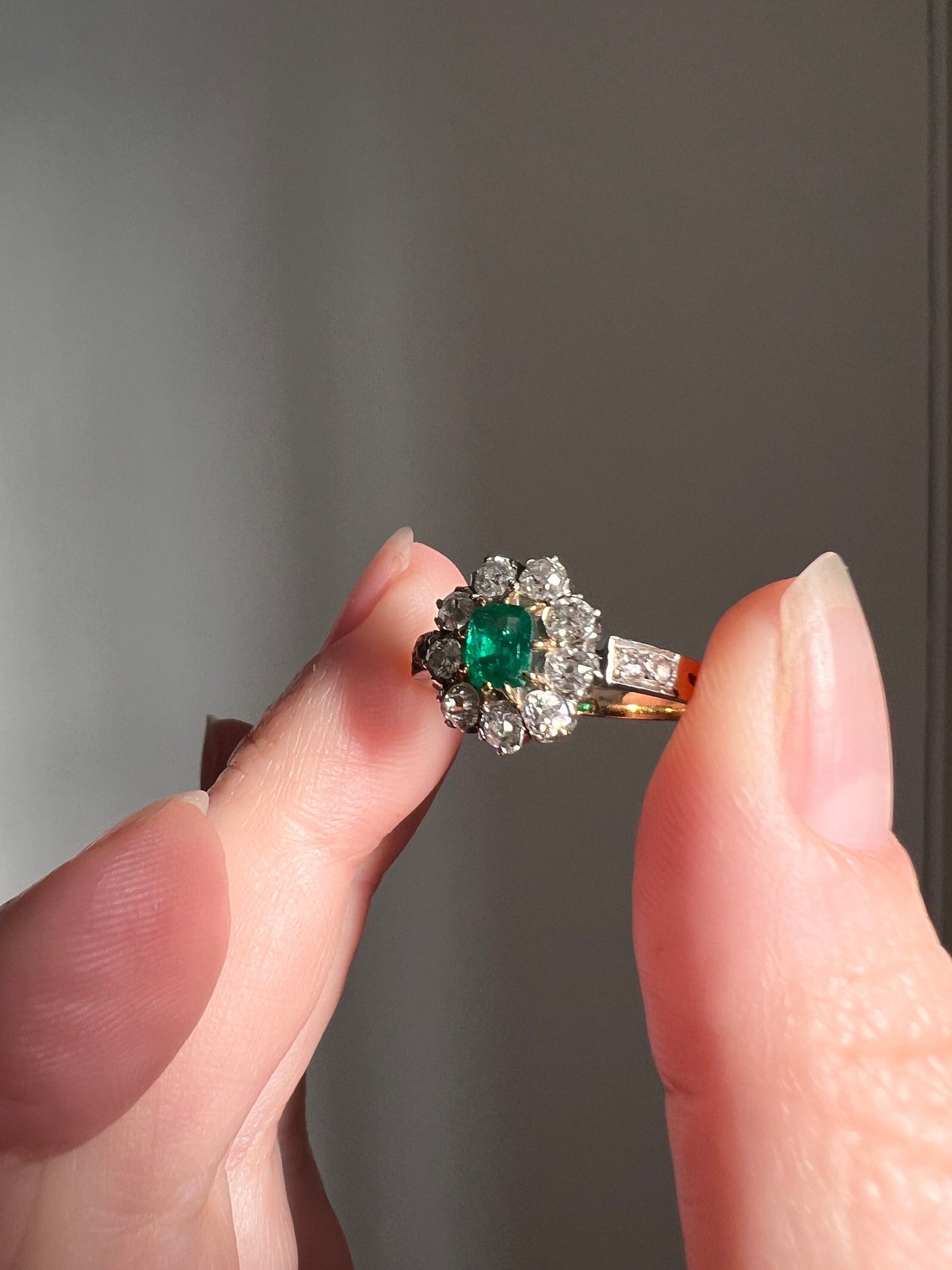 French Antique Natural EMERALD .6Ctw Old Mine Cut Rose DIAMOND Halo Ring 18k Gold Green Belle Epoque Art Nouveau Edwardian Romantic Gift OMC