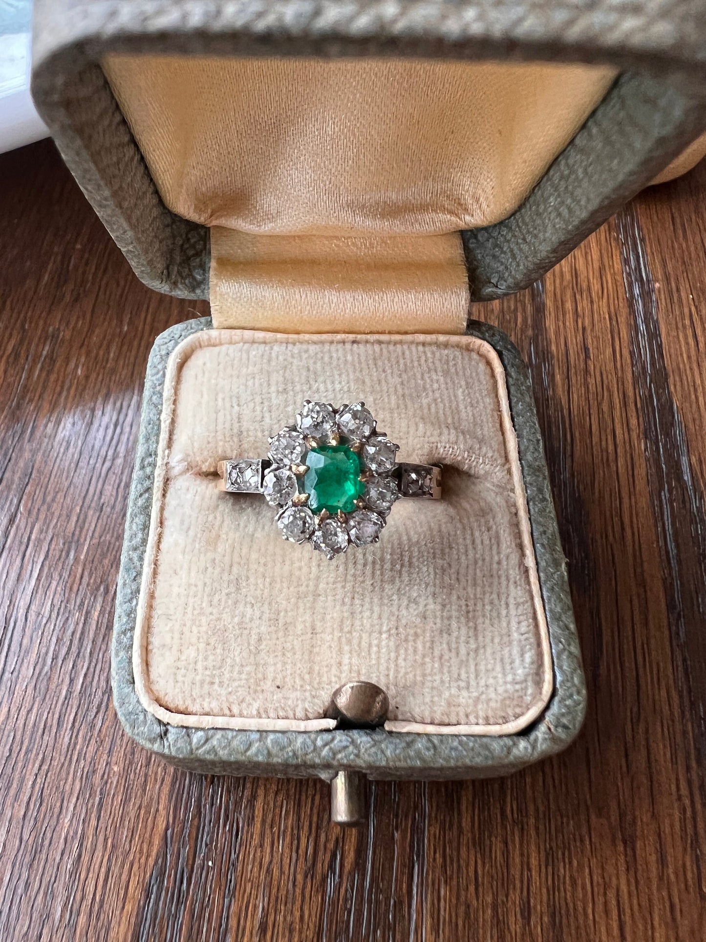 French Antique Natural EMERALD .6Ctw Old Mine Cut Rose DIAMOND Halo Ring 18k Gold Green Belle Epoque Art Nouveau Edwardian Romantic Gift OMC