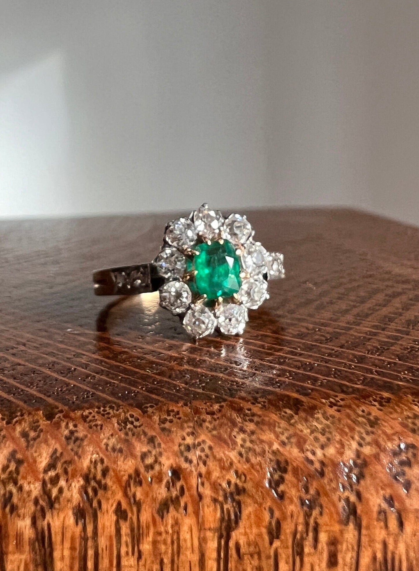French Antique Natural EMERALD .6Ctw Old Mine Cut Rose DIAMOND Halo Ring 18k Gold Green Belle Epoque Art Nouveau Edwardian Romantic Gift OMC